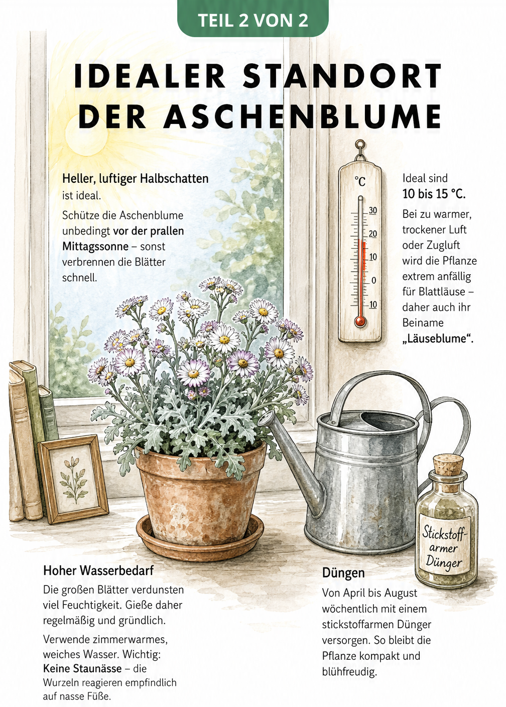 Skizze einer Fensterbank mit Pflegehinweisen für die Aschenblume