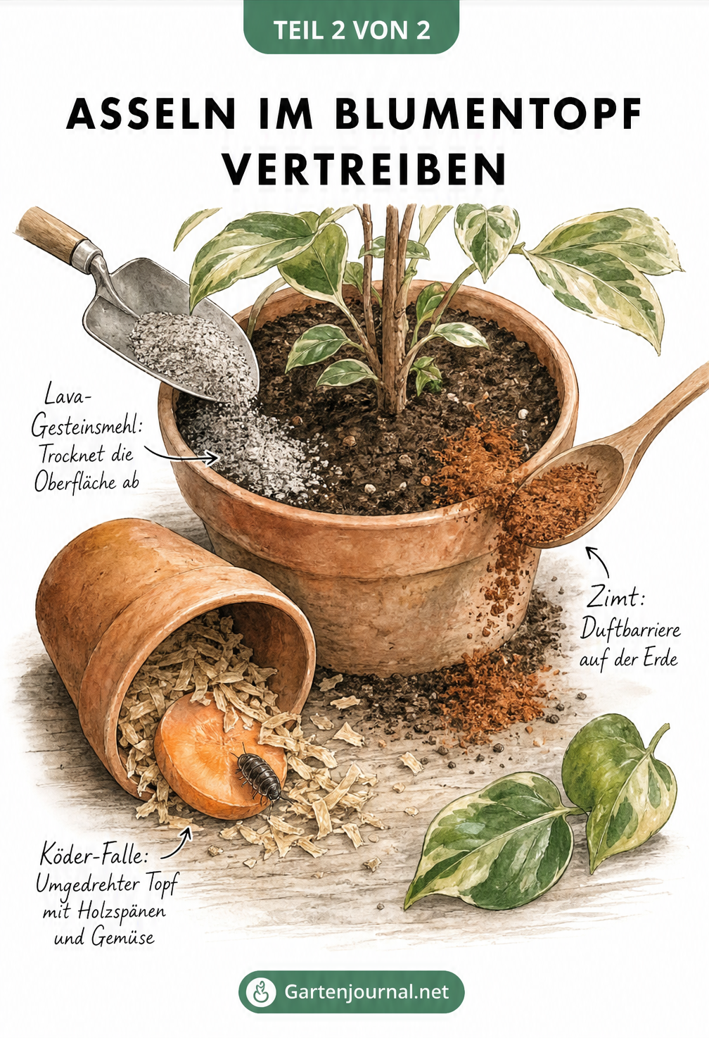 Drei natürliche Methoden gegen Asseln: Eine Köder-Falle aus einem Tontopf, Zimt als Duftbarriere und Lava-Gesteinsmehl zum Abtrocknen der Erde.