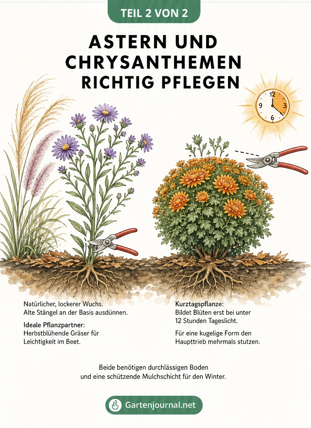 Skizze zur Pflege von Astern und Chrysanthemen mit Pflanzpartnern und Schnitt-Tipps