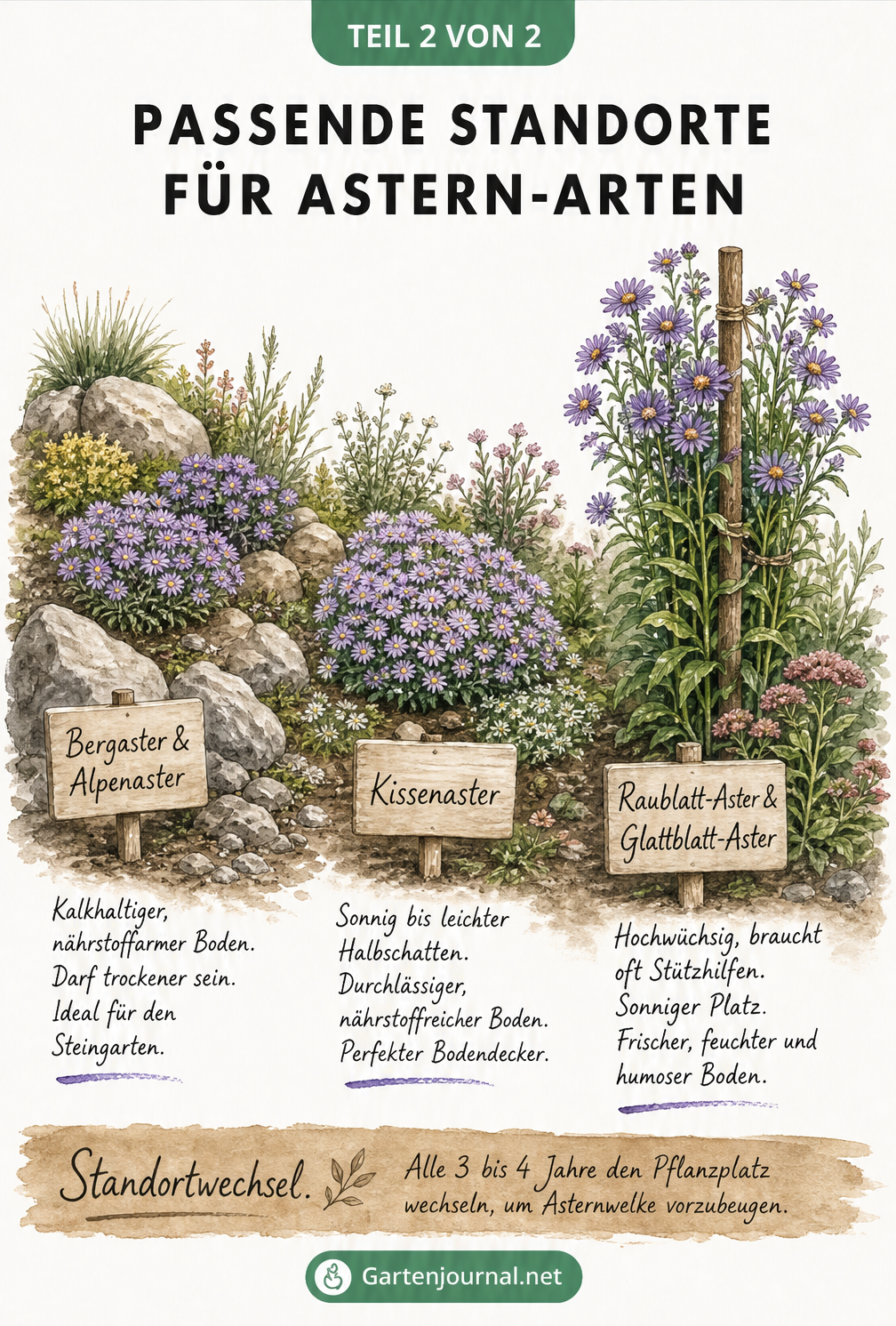 Illustration verschiedener Astern-Arten in ihren bevorzugten Pflanzzonen: Bergaster im Steingarten, Kissenaster am Beetrand und Raublatt-Aster im Hintergrund.