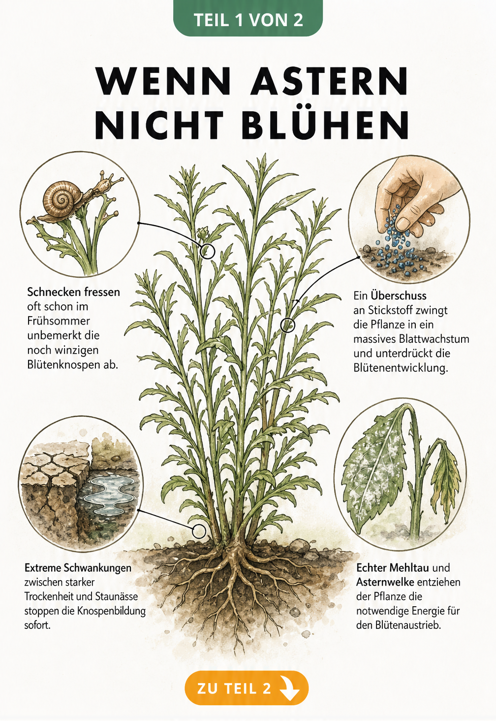 Illustration einer Asternpflanze ohne Blüten mit Detailansichten zu Ursachen wie Trockenheit, Staunässe, Überdüngung, Mehltau und Schneckenfraß.