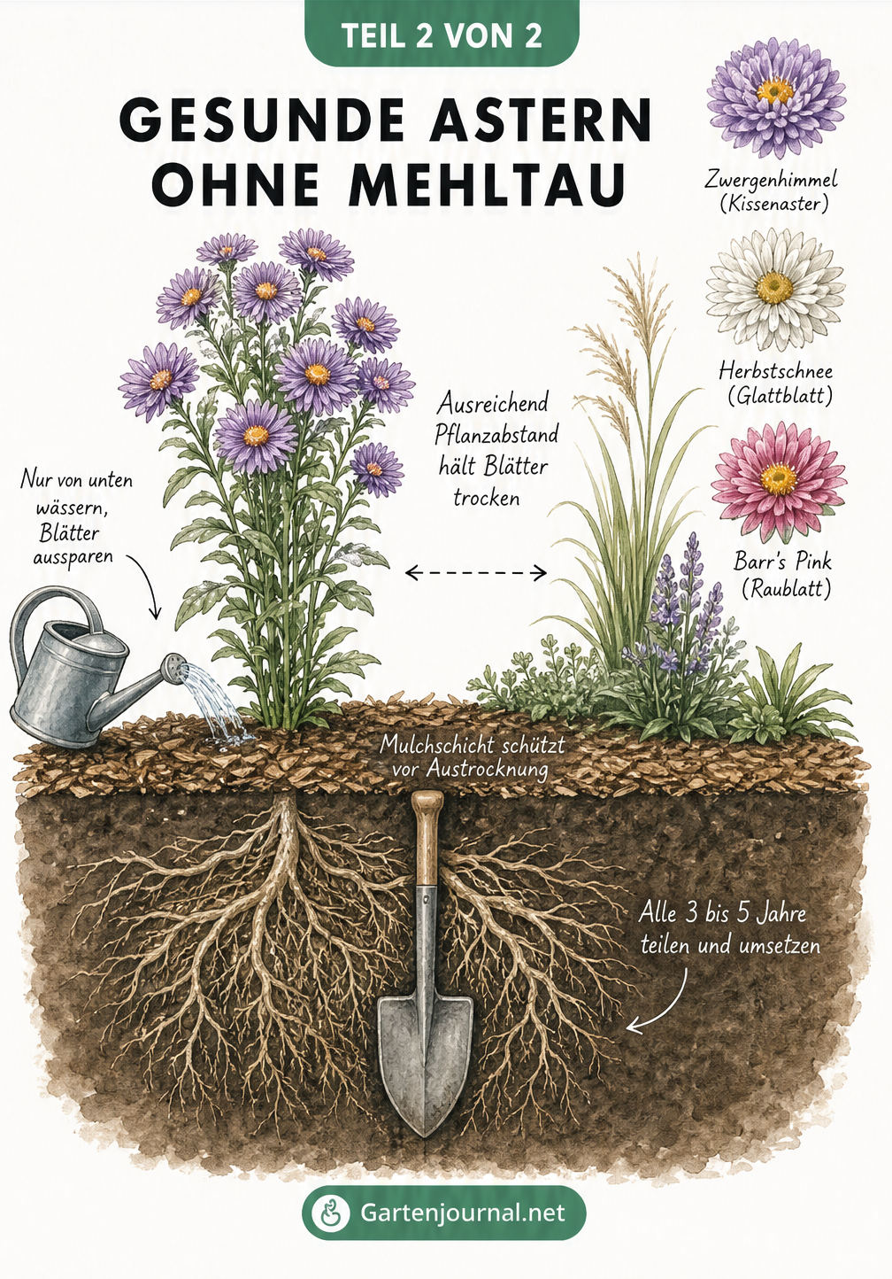 Querschnitt eines Gartenbeets mit einer gesunden Aster, Gießkanne am Wurzelhals, Mulchschicht und Wurzelballen