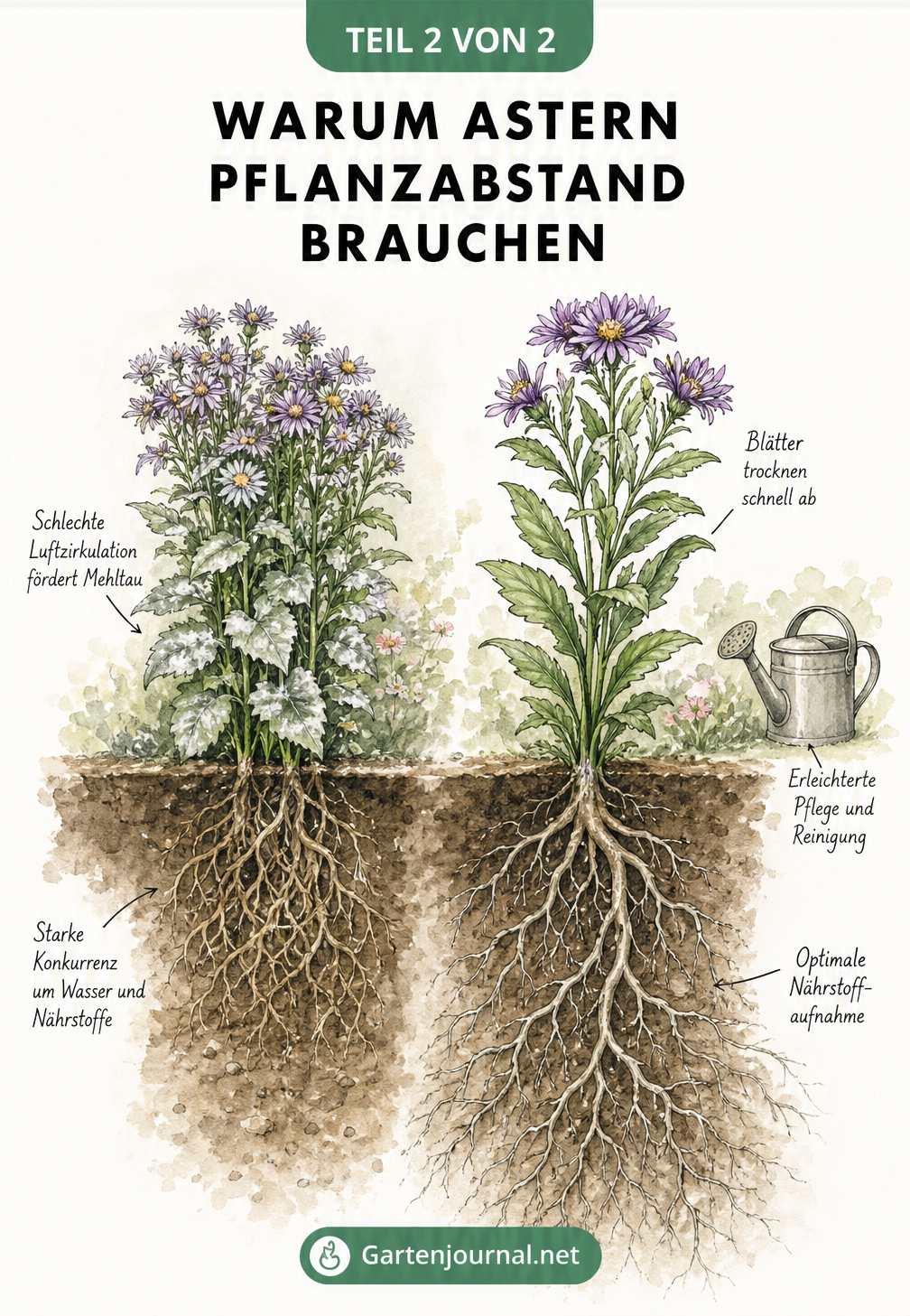 Vergleich zweier Pflanzsituationen: Dicht stehende Astern mit Mehltau und Wurzelkonkurrenz gegenüber einer einzeln stehenden, gesunden Aster mit viel Freiraum.