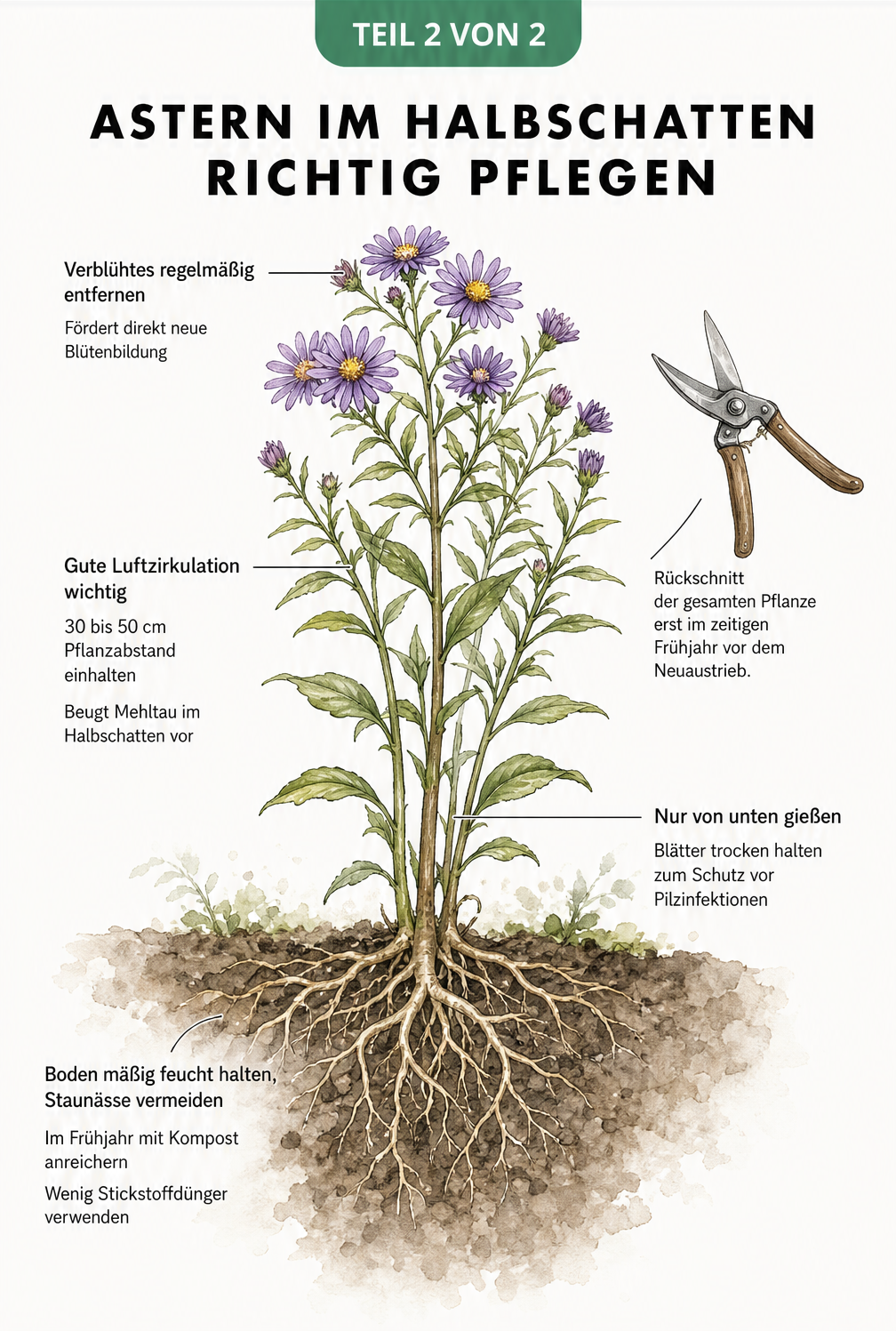 Zeichnung einer Aster mit Pflegehinweisen zu Gießen, Düngen und Rückschnitt