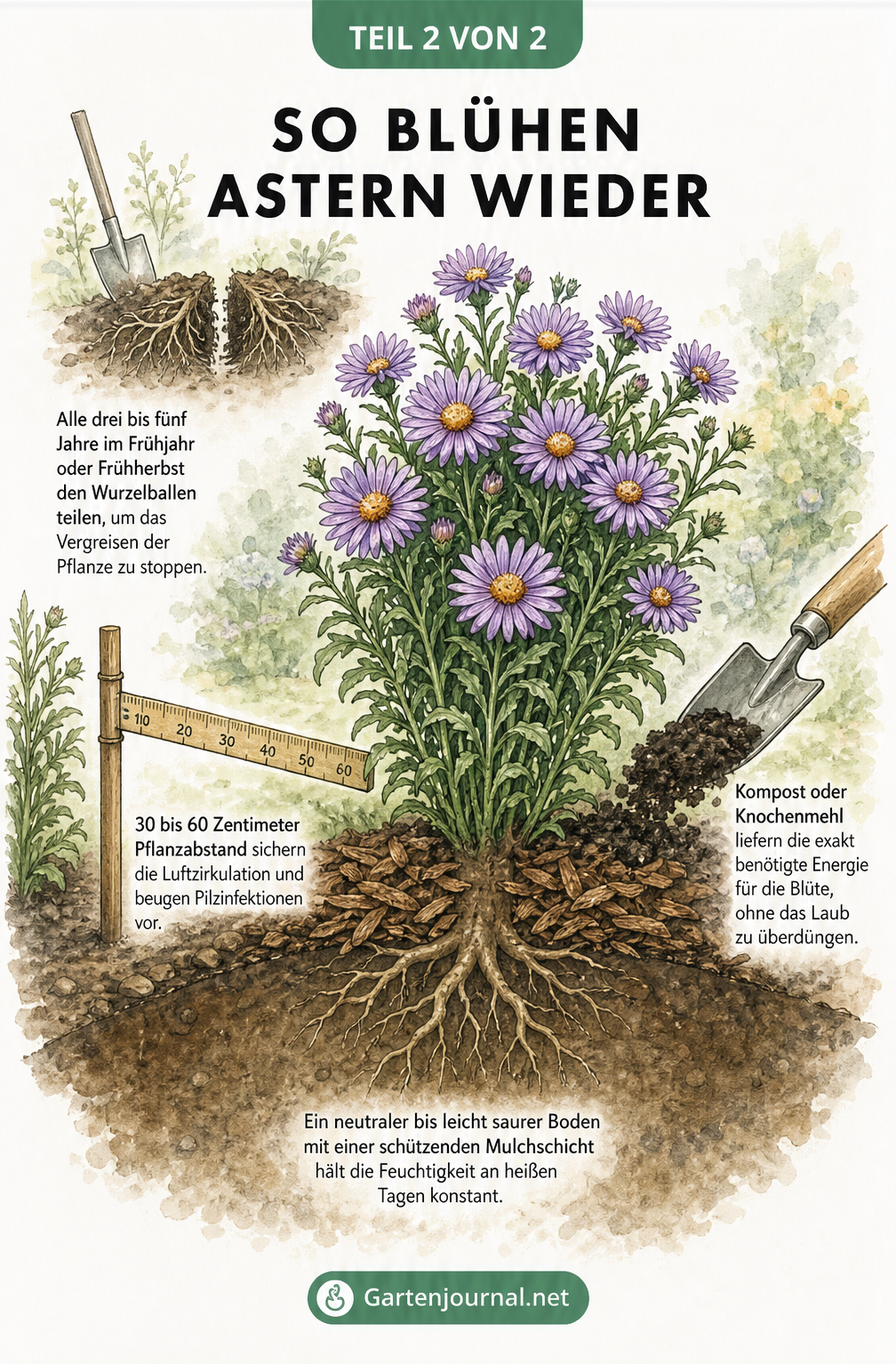Illustration einer blühenden Aster mit Hinweisen zu Pflanzabstand, Bodenbeschaffenheit, Nährstoffversorgung und Wurzelteilung.