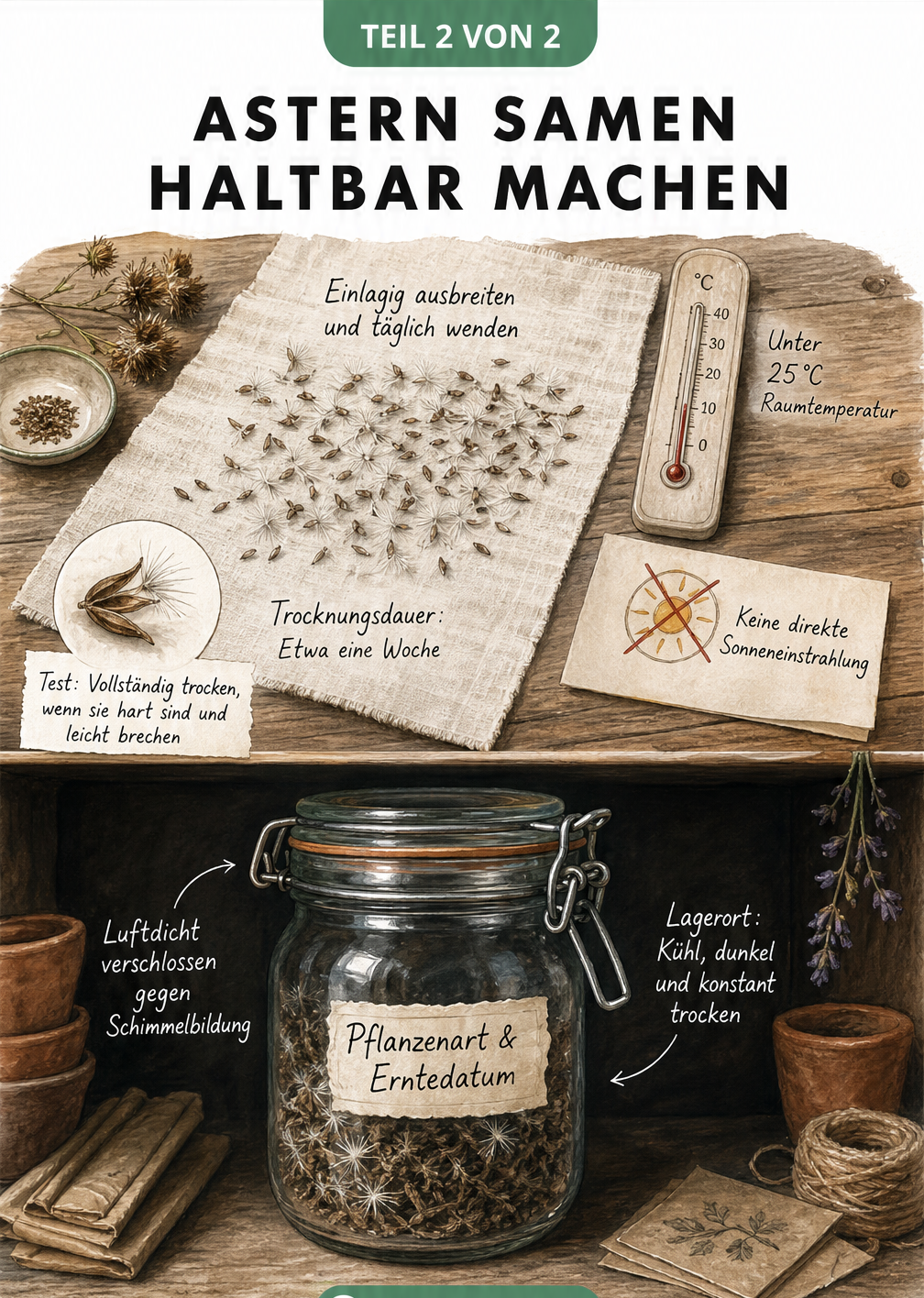 Illustration: Astern Samen haltbar machen, Trocknung auf einem Leinentuch bei unter 25 Grad und Lagerung in einem beschrifteten Einmachglas.