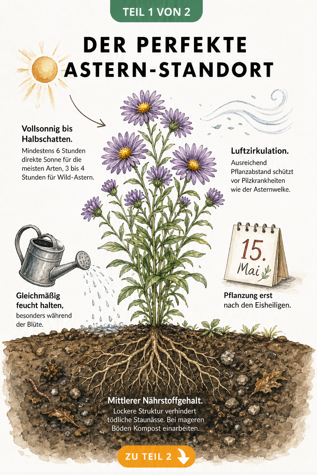 Querschnitt eines Gartenbeets mit einer blühenden Aster, der die optimalen Standortbedingungen wie Sonne, Luftzirkulation und Bodenbeschaffenheit zeigt.