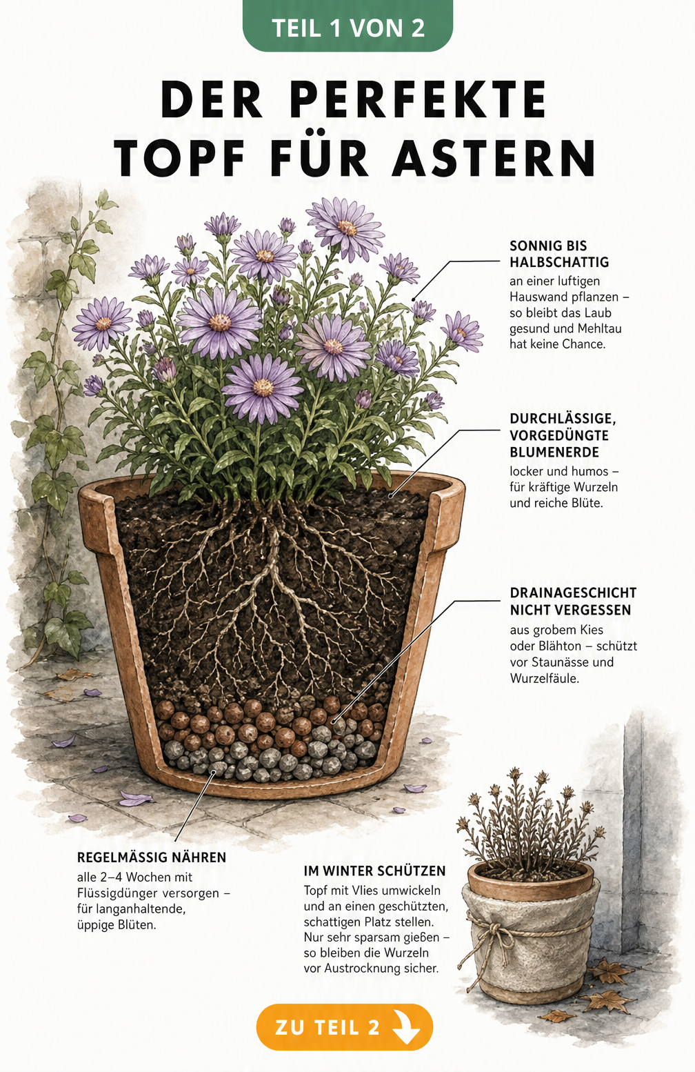 Botanische Illustration eines bepflanzten Terrakotta-Topfes mit violetter Aster, Drainageschicht und Hinweisen zu Erde, Standort und Düngung