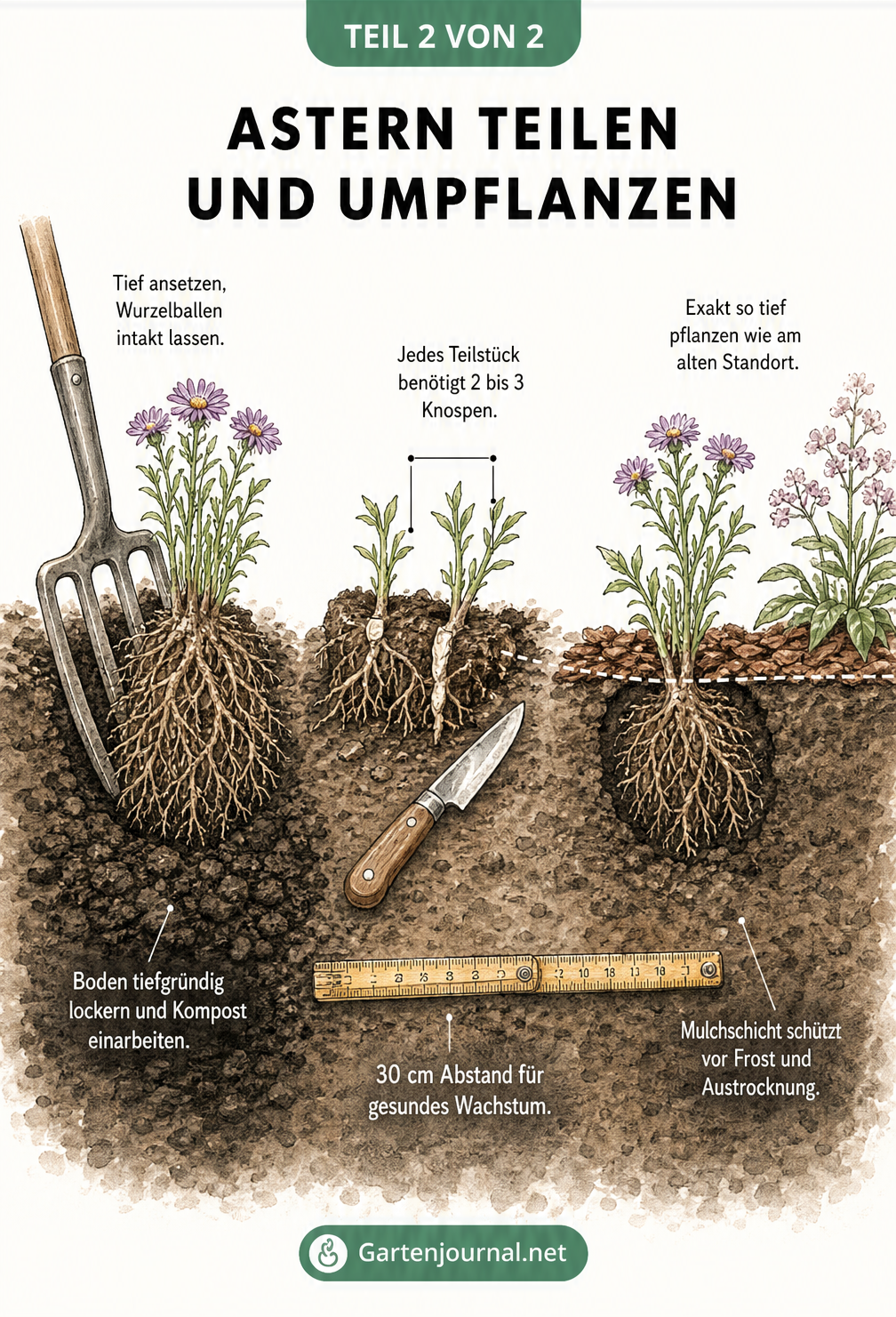 Querschnitt durch den Gartenboden beim Umpflanzen einer Aster mit Grabegabel und Maßangaben