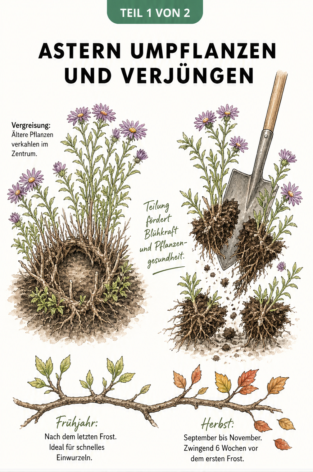 Botanische Illustration einer vergreisten Aster und deren Verjüngung durch Teilung mit einem Spaten