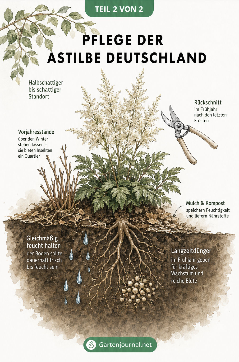 Querschnitt eines Gartenbeets mit Astilbe Deutschland, der Standort, Bodenfeuchtigkeit und Pflege zeigt