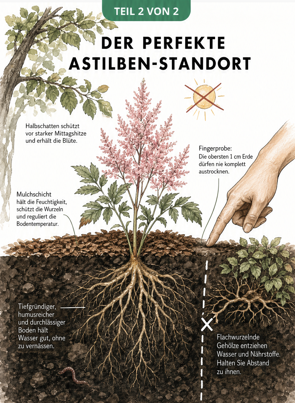 Querschnitt eines Gartenbeets mit einer Astilbe im Halbschatten, feuchter Erde, Mulchschicht und Schutz vor Wurzelkonkurrenz