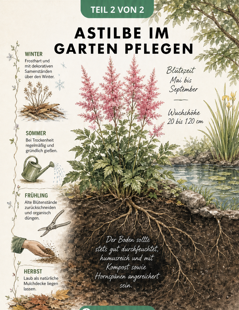 Querschnitt durch ein Gartenbeet mit einer blühenden Astilbe, der Bodenbeschaffenheit und einer Zeitleiste zur Pflege im Jahresverlauf.