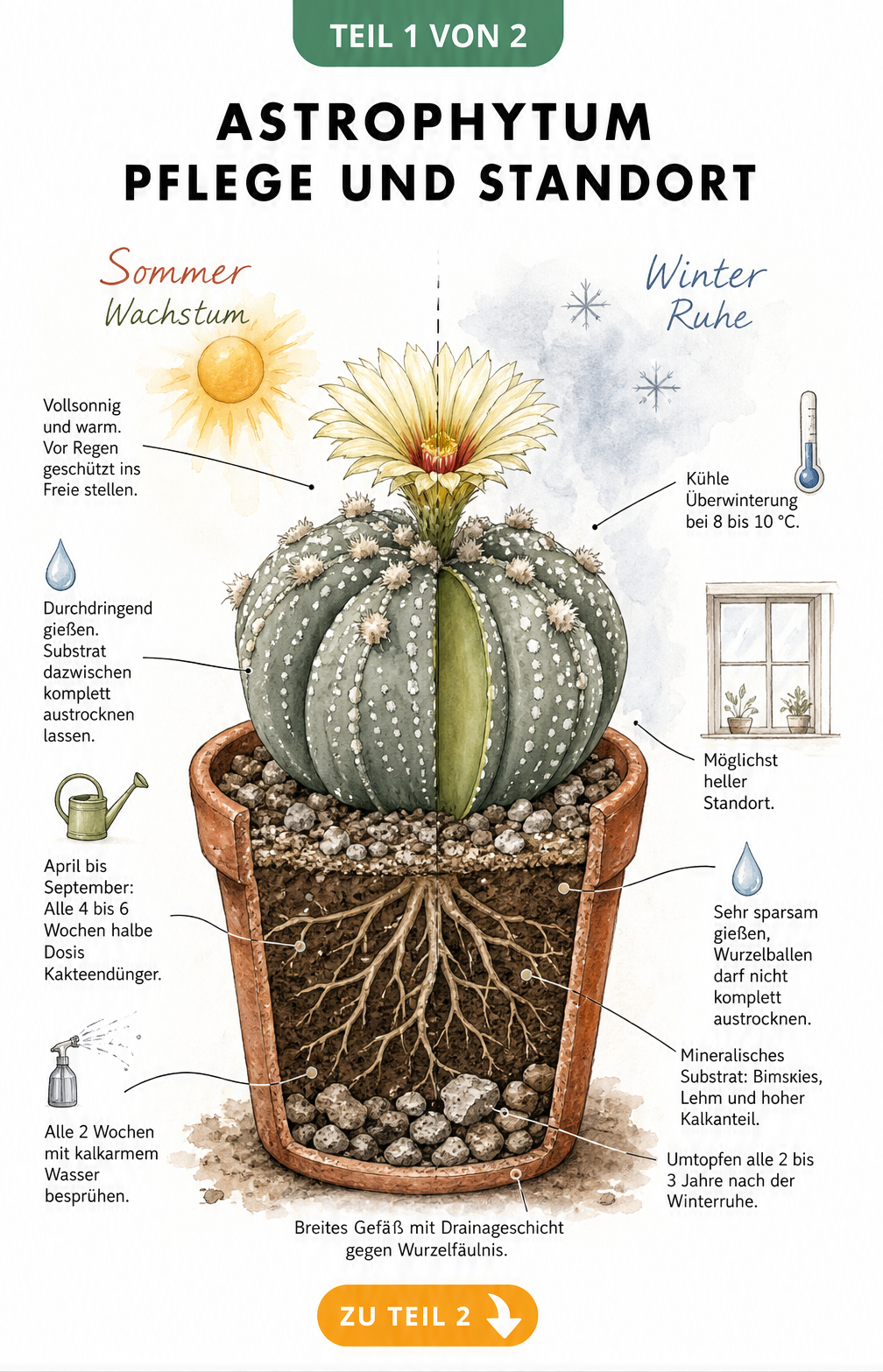 Botanische Schnittdarstellung eines Astrophytum-Kaktus im Topf, die Sommerpflege und Winterruhe zeigt