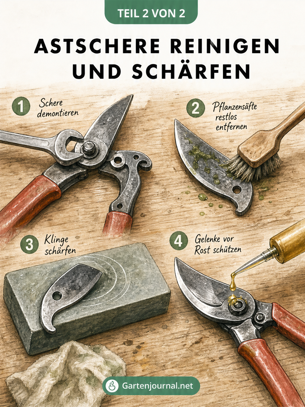 Illustration der vier Schritte zum Reinigen und Schärfen einer Astschere auf einer Werkbank