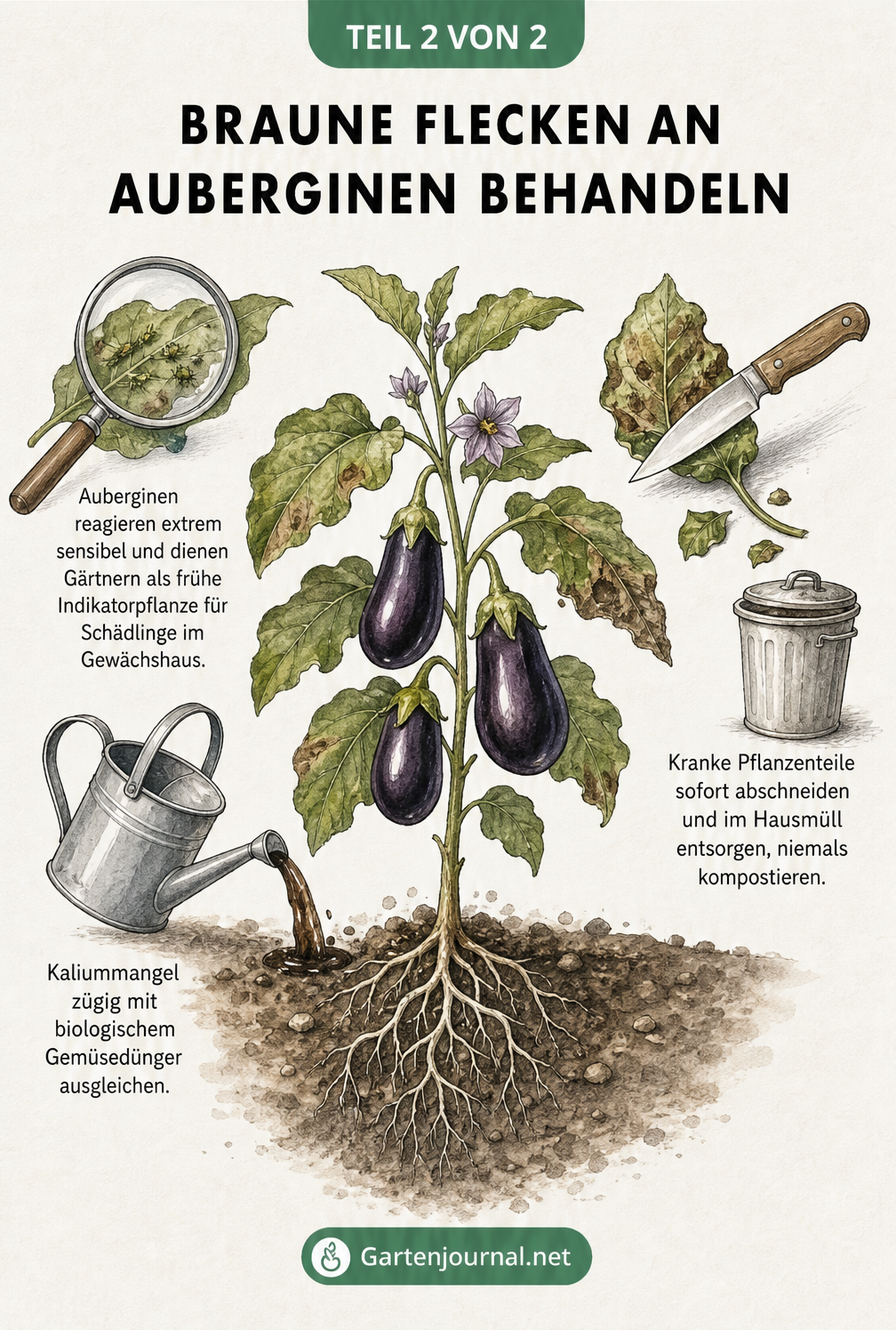 Illustration zur Behandlung von Auberginen: Ein krankes Blatt wird abgeschnitten, Kaliummangel mit Gemüsedünger ausgeglichen und eine Lupe symbolisiert die...