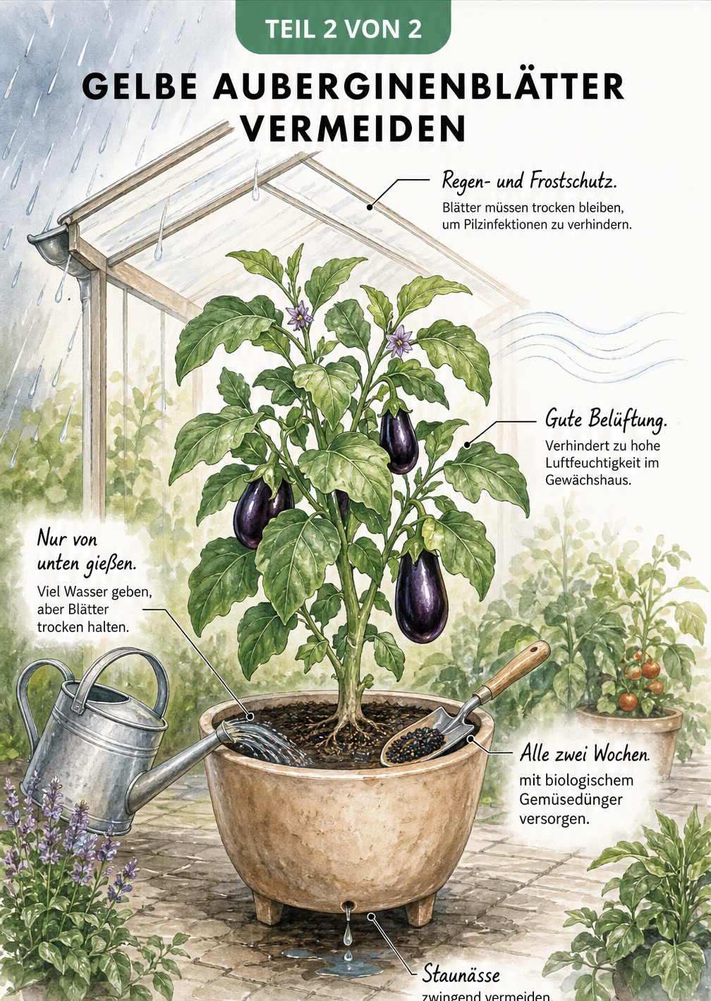 Illustration einer gesunden Auberginenpflanze im Topf mit präventiven Maßnahmen wie Regenschutz, Belüftung, Gießen von unten und Düngung.