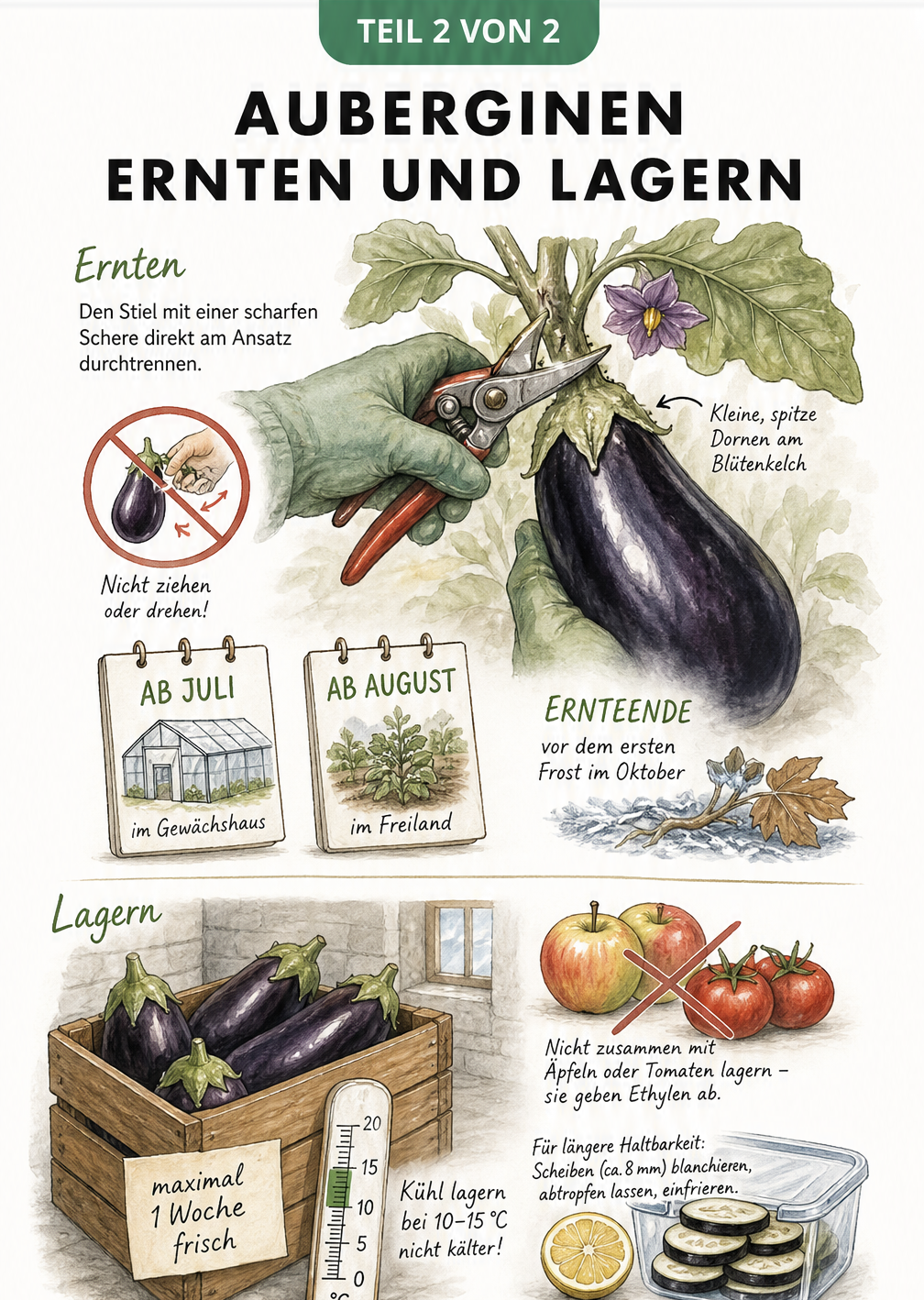 Illustration zur Ernte und Lagerung von Auberginen: Schnitt mit Gartenschere und Holzkiste mit Thermometer