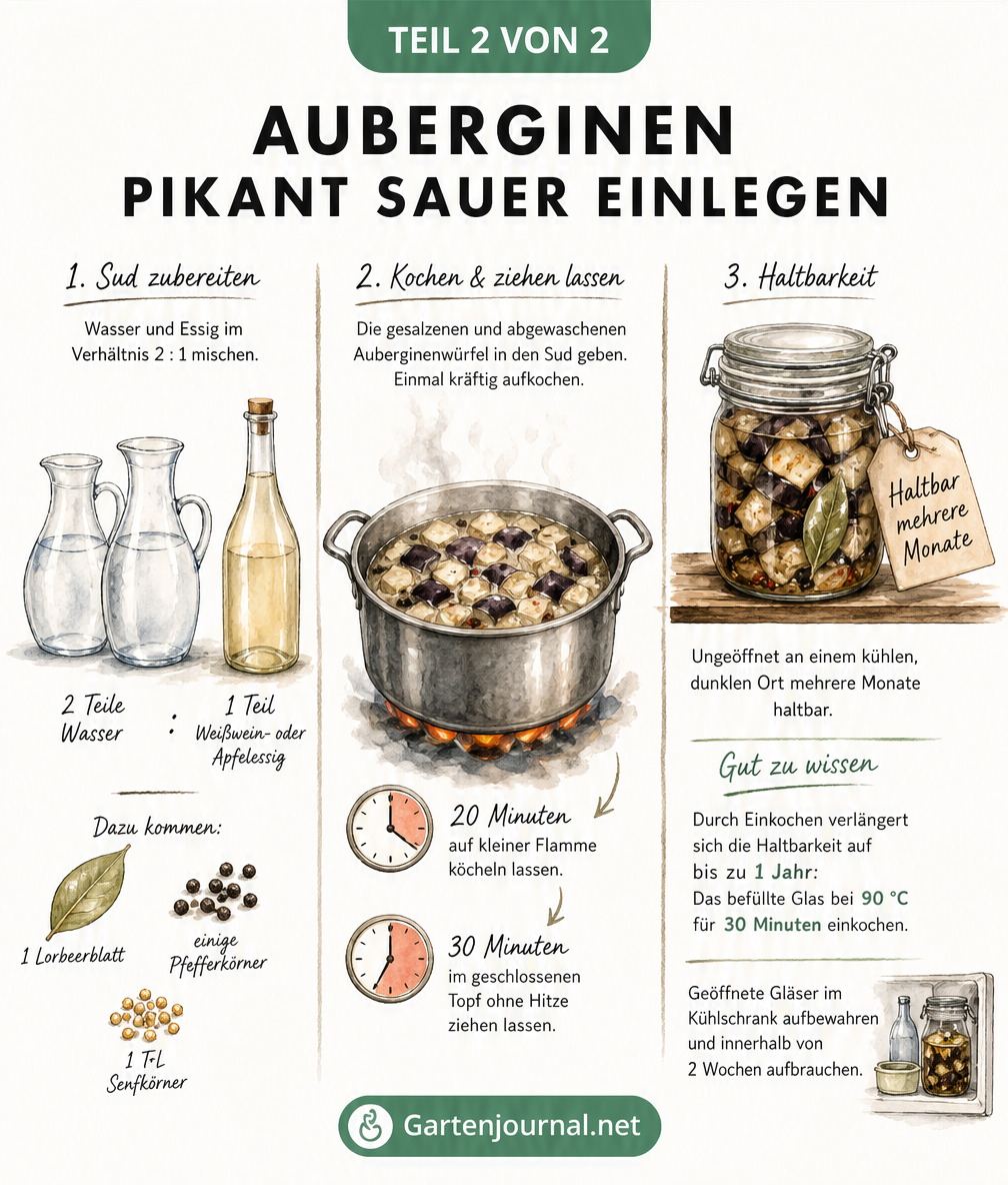 Illustration der Essig-Methode zum Einlegen von Auberginen mit genauen Mengenverhältnissen und Haltbarkeitshinweisen.