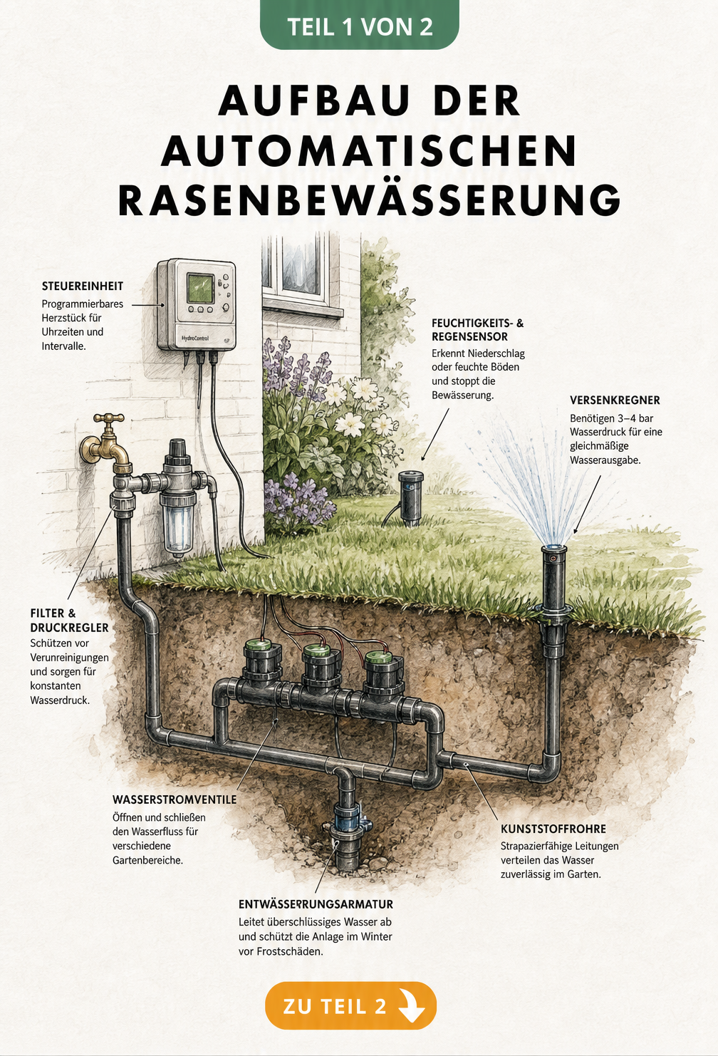 Querschnitt eines Gartens mit den Bauteilen einer automatischen Rasenbewässerung wie Steuereinheit, Sensor, Ventilen und Versenkregner