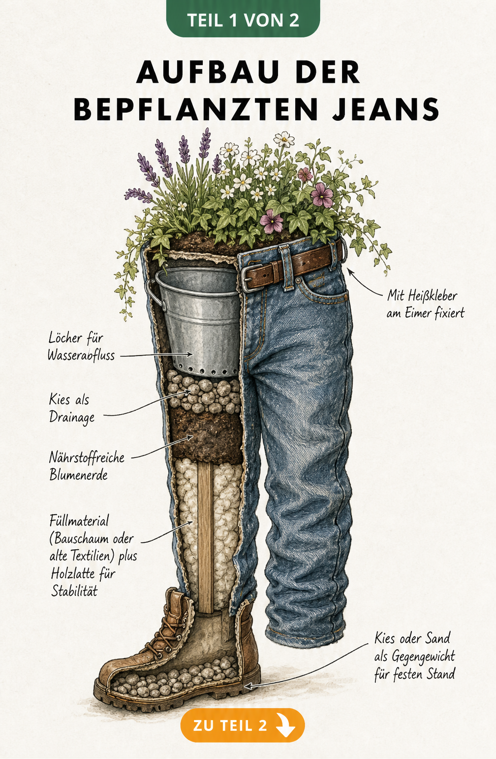 Querschnitt einer bepflanzten Jeans mit Eimer, Drainage, Erde und Füllmaterial in den Hosenbeinen