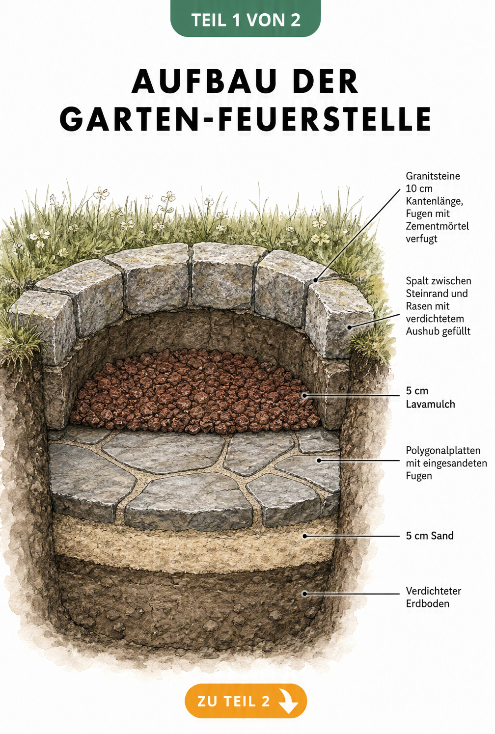 Schnittzeichnung einer Garten-Feuerstelle mit Schichten aus Sand, Polygonalplatten und Lavamulch sowie Granitsteinen am Rand