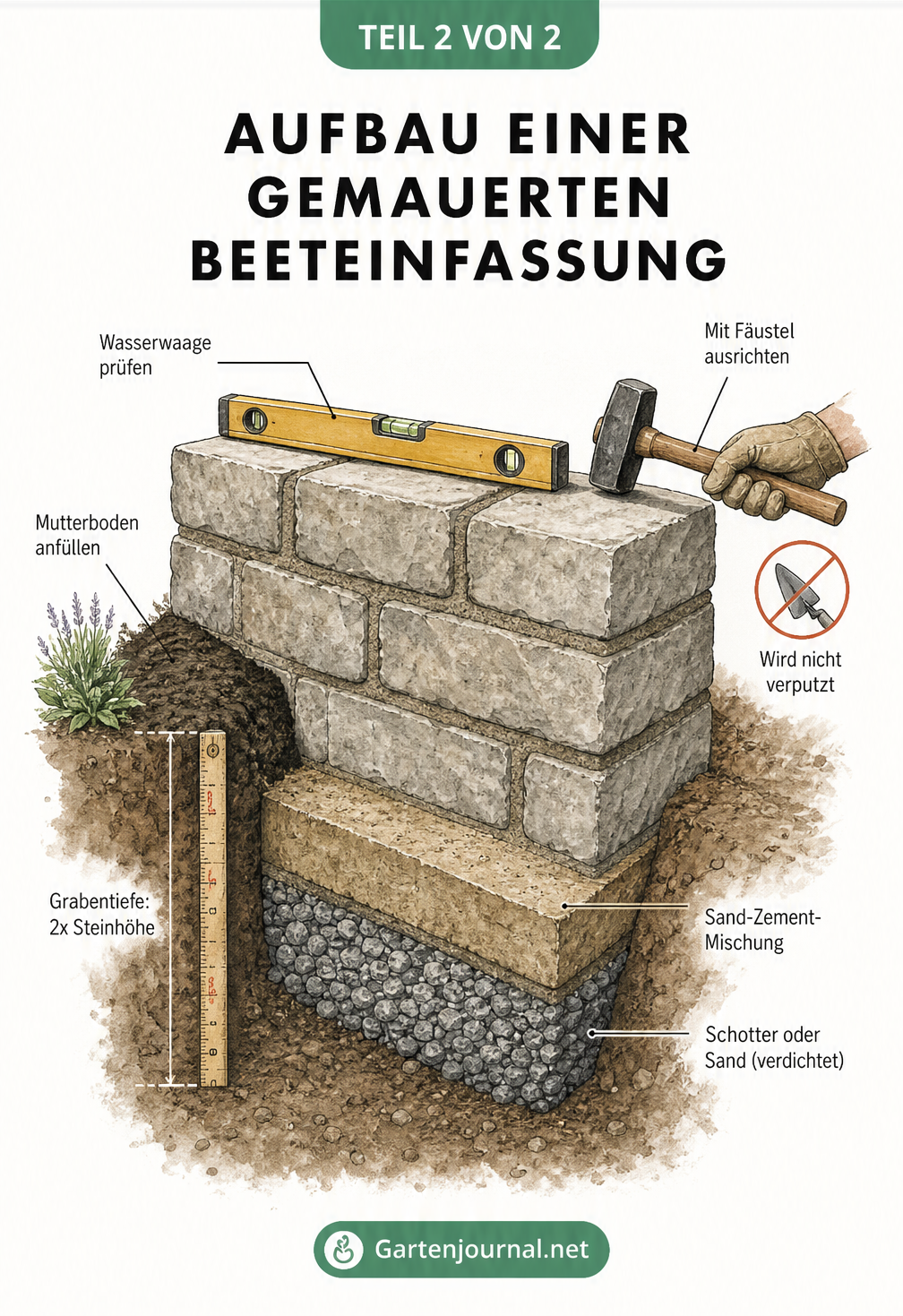 Querschnitt-Zeichnung zum Aufbau einer gemauerten Beeteinfassung mit Schotter, Sand-Zement-Mischung und Steinreihen