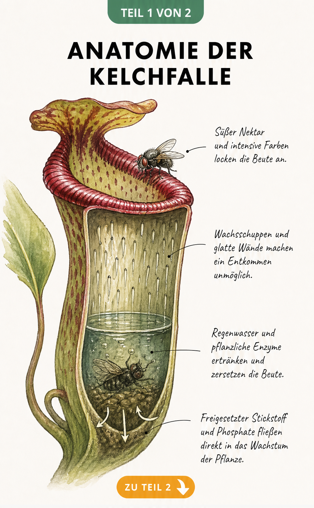 Botanische Querschnitts-Illustration eines Pflanzenkelchs, die den Weg eines Insekts in die Falle zeigt
