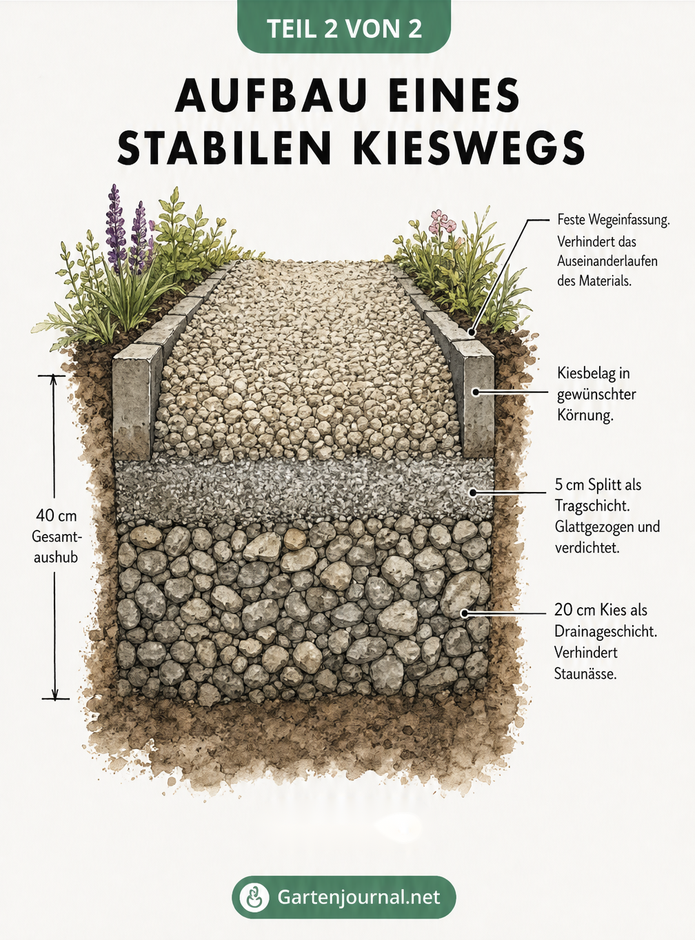 Querschnitt durch einen Kiesweg mit 20 cm Kies-Drainage, 5 cm Splitt-Tragschicht und Kiesbelag