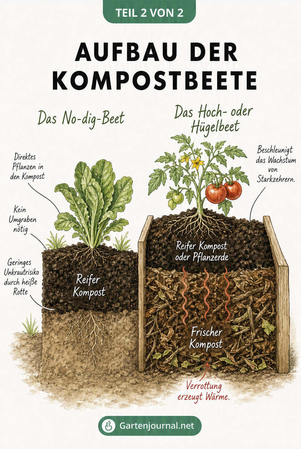 Querschnitt eines No-dig-Beets und eines Hochbeets mit den verschiedenen Kompostschichten