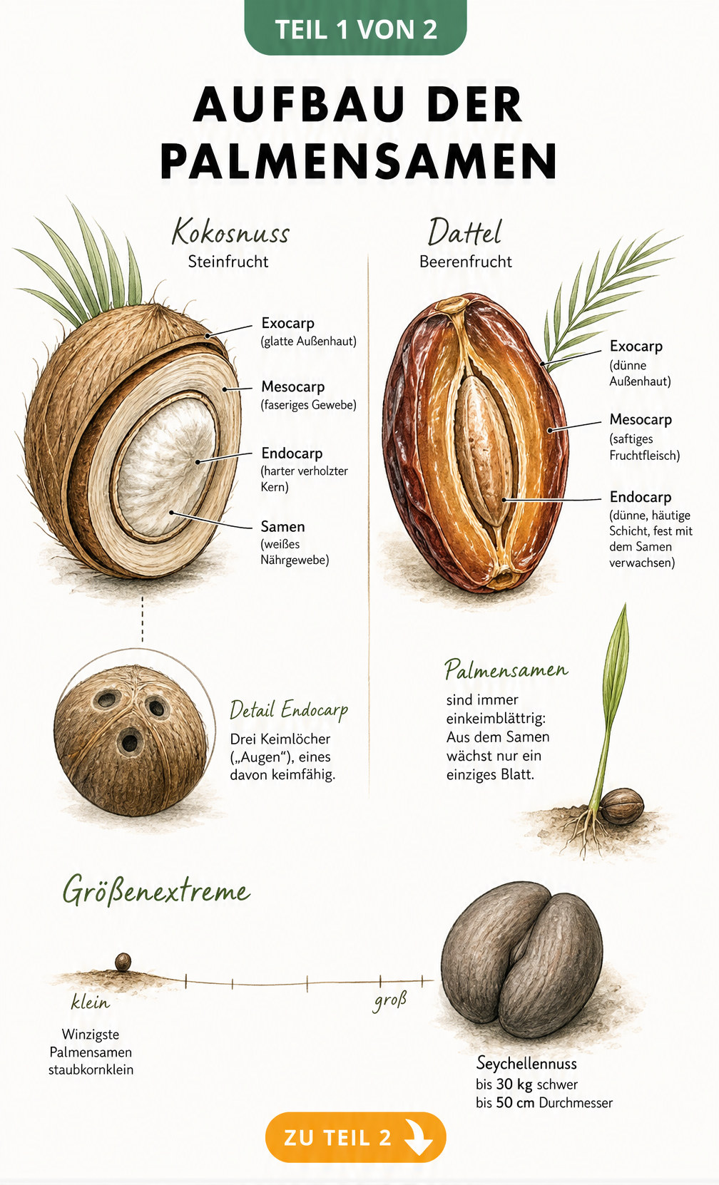 Botanische Illustration des Aufbaus von Palmensamen am Beispiel von Kokosnuss und Dattel