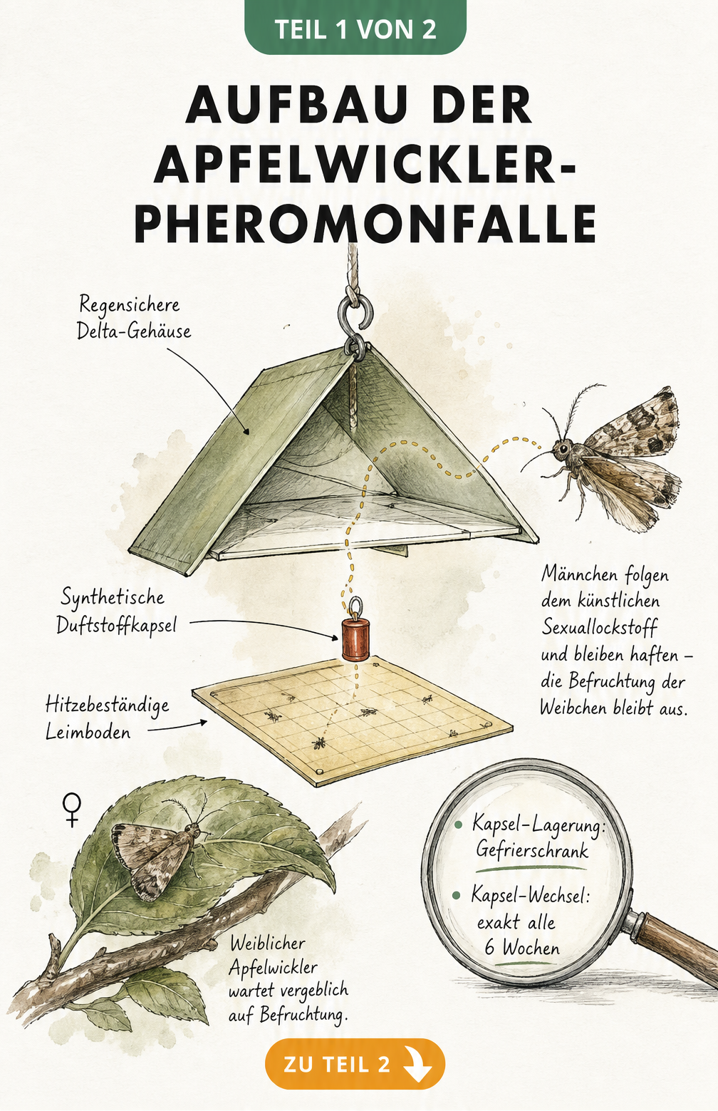 Botanische Illustration einer geöffneten Deltafalle für Apfelwickler mit Pheromonkapsel und Leimboden
