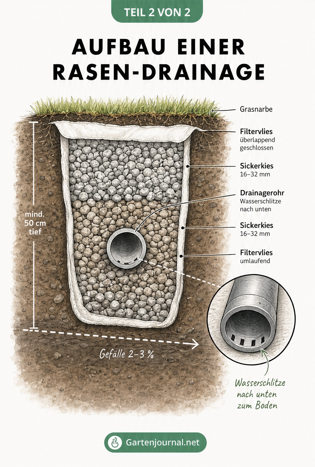 Detaillierter Querschnitt eines Drainagegrabens mit Filtervlies, Sickerkies, Drainagerohr und Gefälle unter der Grasnarbe