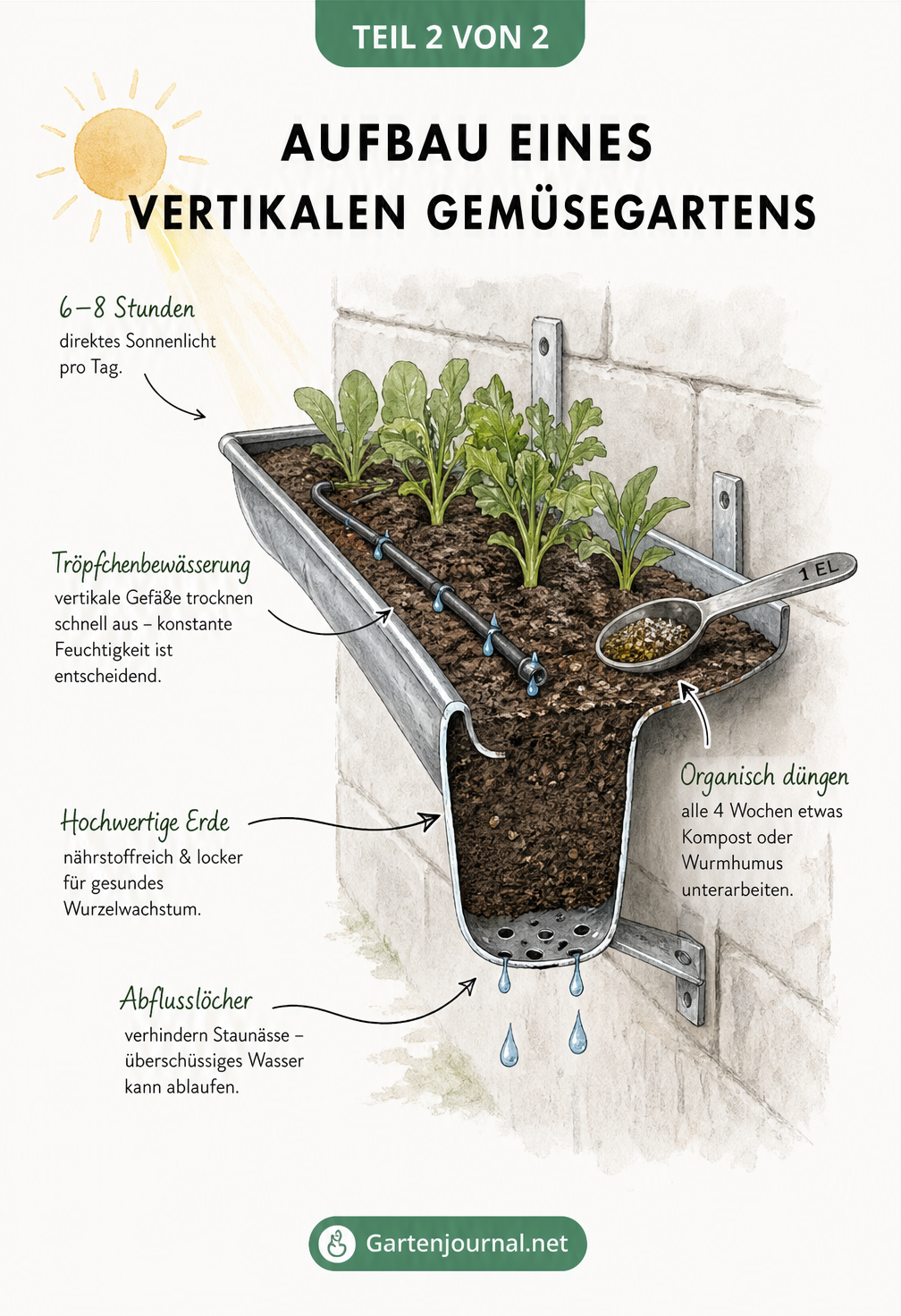Schnittzeichnung eines an der Wand montierten Regenrinnen-Systems für den vertikalen Gemüseanbau mit Bewässerung und Drainage