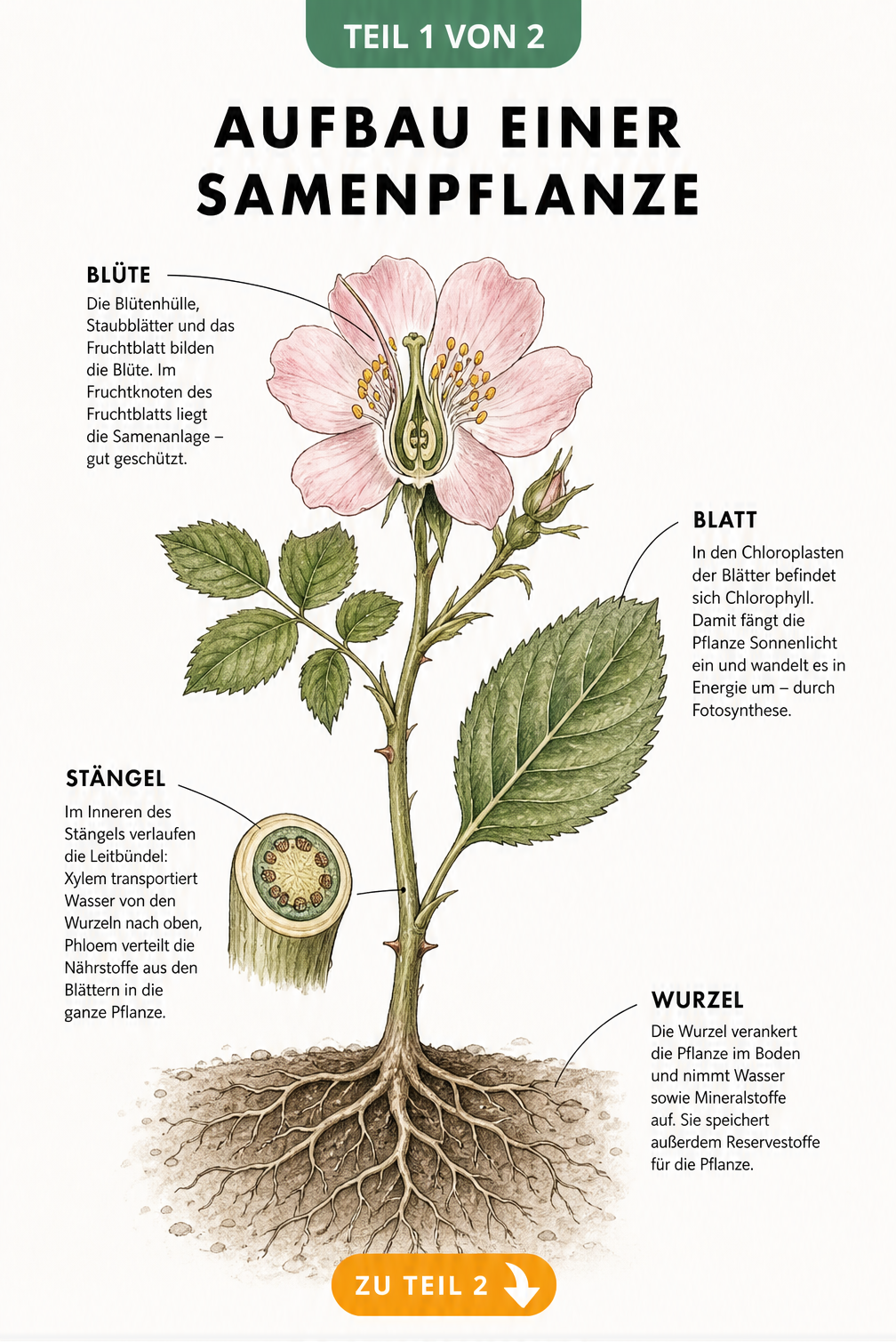 Botanische Illustration des Aufbaus einer Samenpflanze mit Wurzel, Stängel, Laubblatt und Blüte