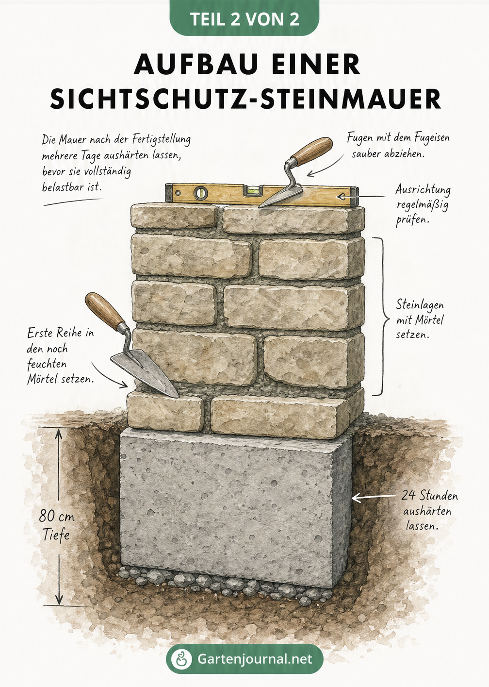 Schnittzeichnung zum Aufbau einer Sichtschutz-Steinmauer mit Fundament, Mörtel und Steinreihen