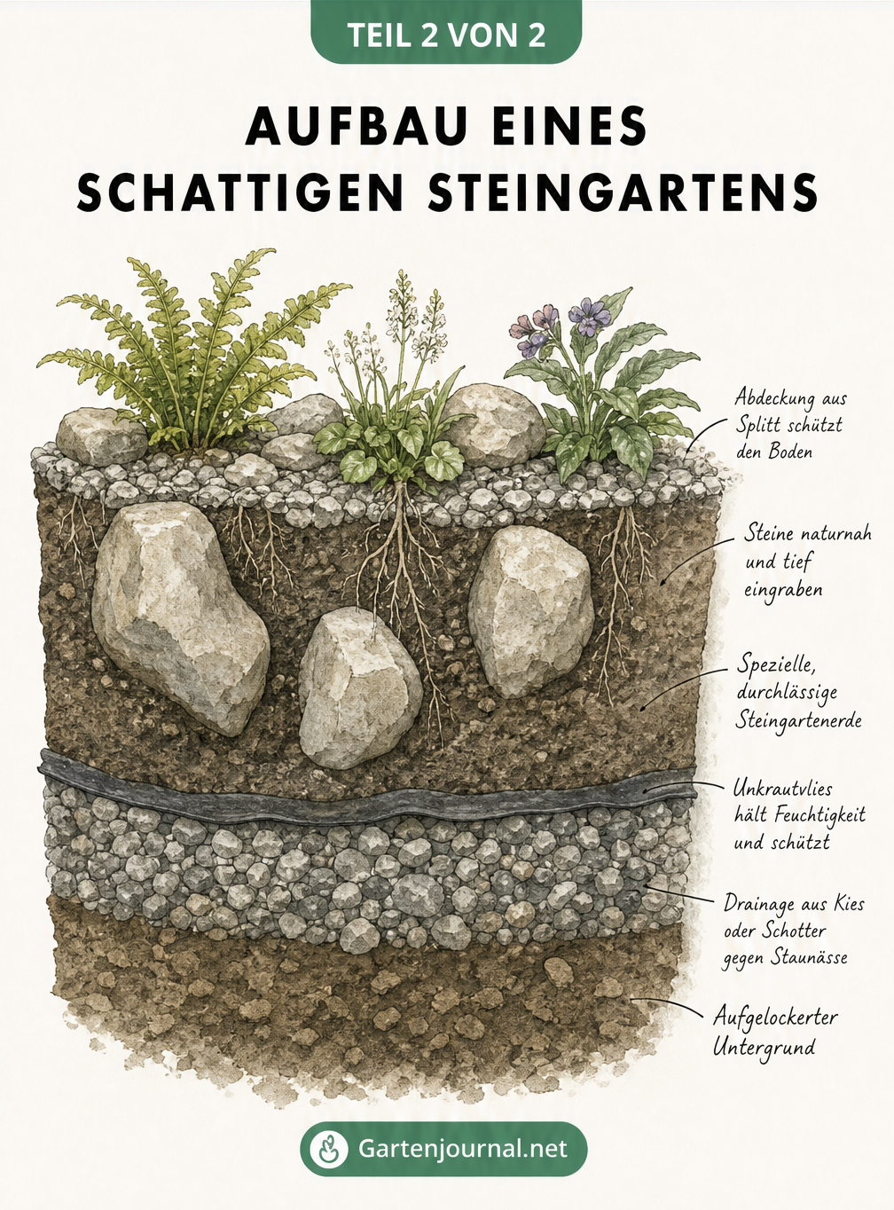 Schnittzeichnung des Erdreichs eines Steingartens mit Drainage, Unkrautvlies, Steingartenerde, Felsbrocken und Splitt-Abdeckung