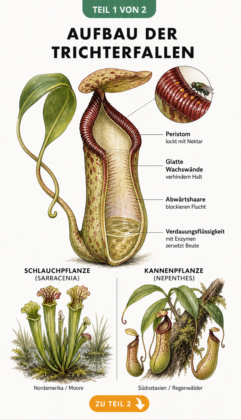 Botanische Schnittzeichnung einer Kannenpflanze mit Details zum Fangmechanismus wie Peristom und Verdauungsflüssigkeit