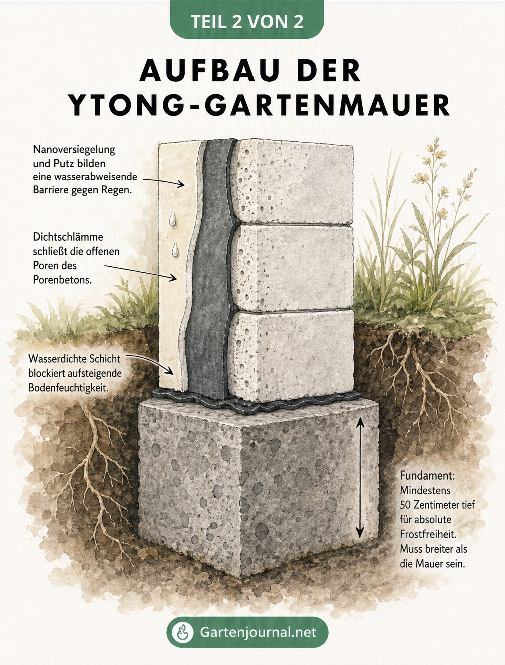Querschnitt einer Ytong-Gartenmauer mit frostfreiem Fundament, wasserdichter Schicht, Dichtschlämme und Nanoversiegelung mit Putz.