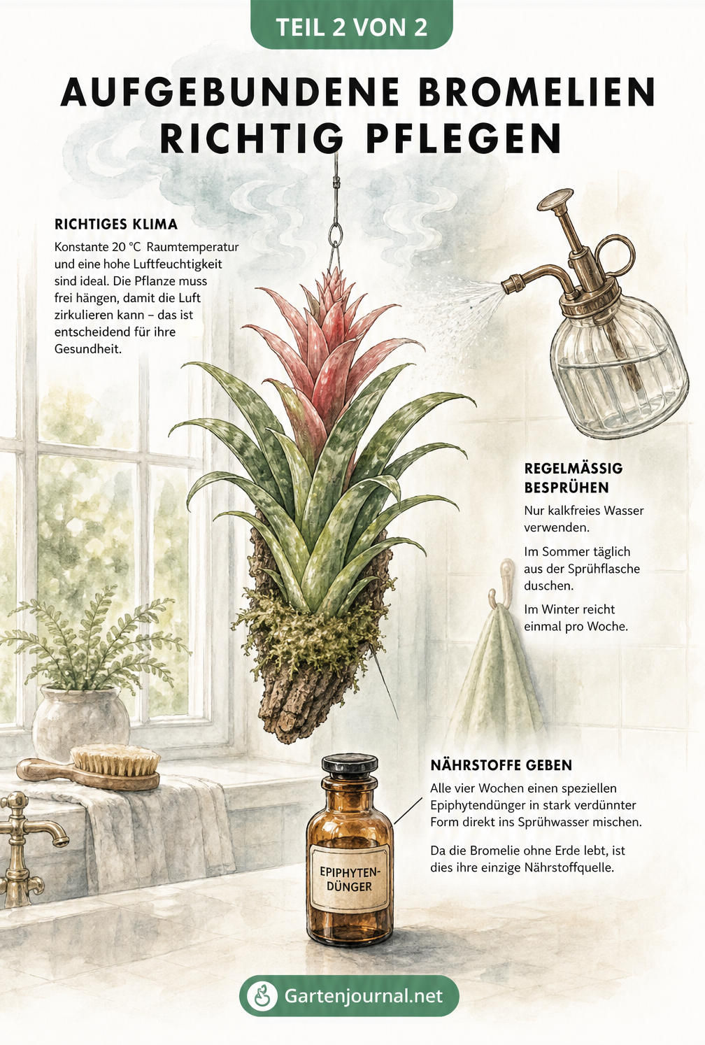 Aquarell-Illustration einer frei hängenden Bromelie im Badezimmerfenster mit Hinweisen zu Raumklima, Wasserversorgung und Nährstoffen.