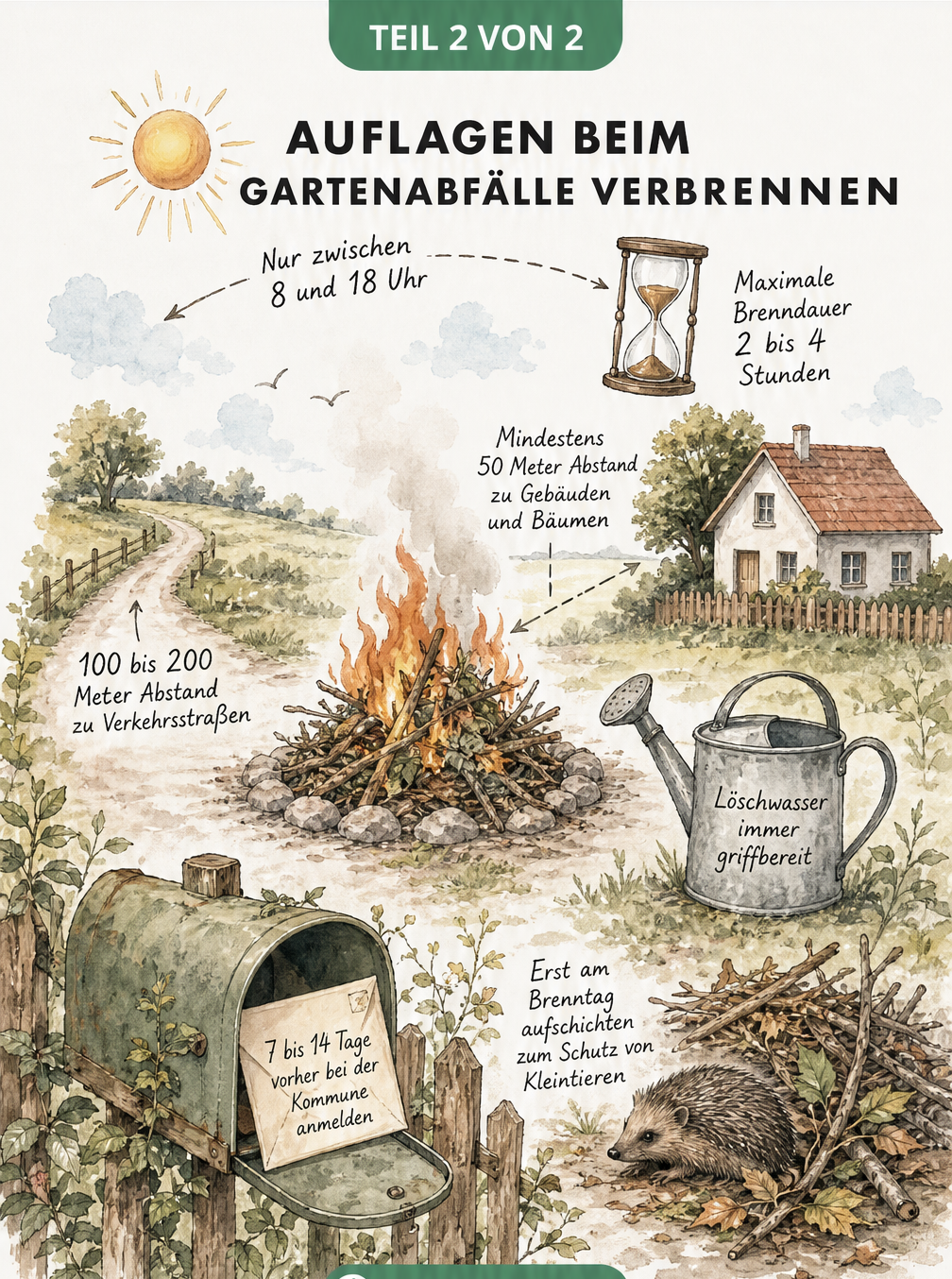 Illustration einer Feuerstelle im Garten mit Hinweisen zu Sicherheitsabständen, Uhrzeiten und Löschwasser.