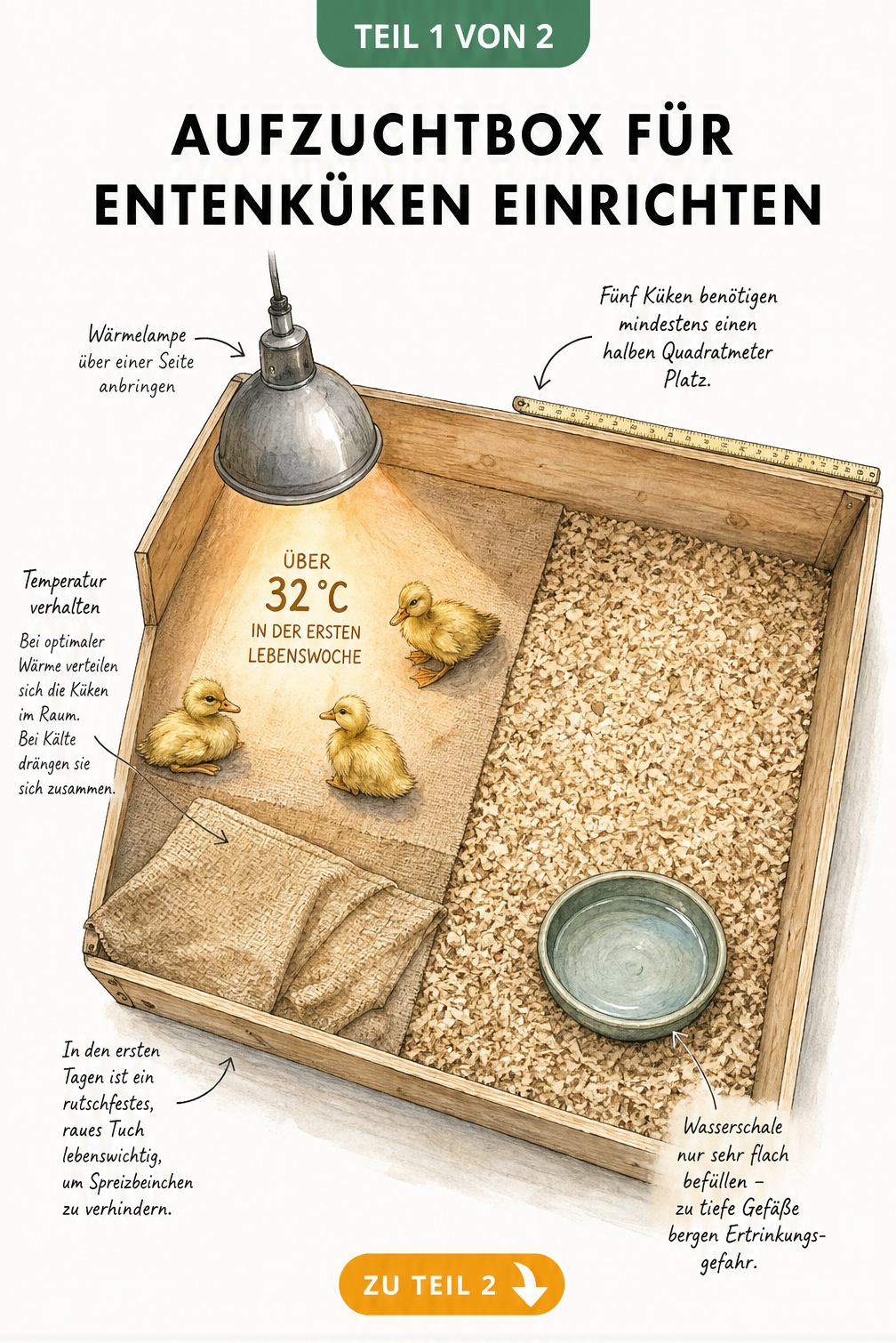 Illustration einer Aufzuchtbox für Entenküken mit Wärmelampe, rutschfestem Boden und flacher Wasserschale