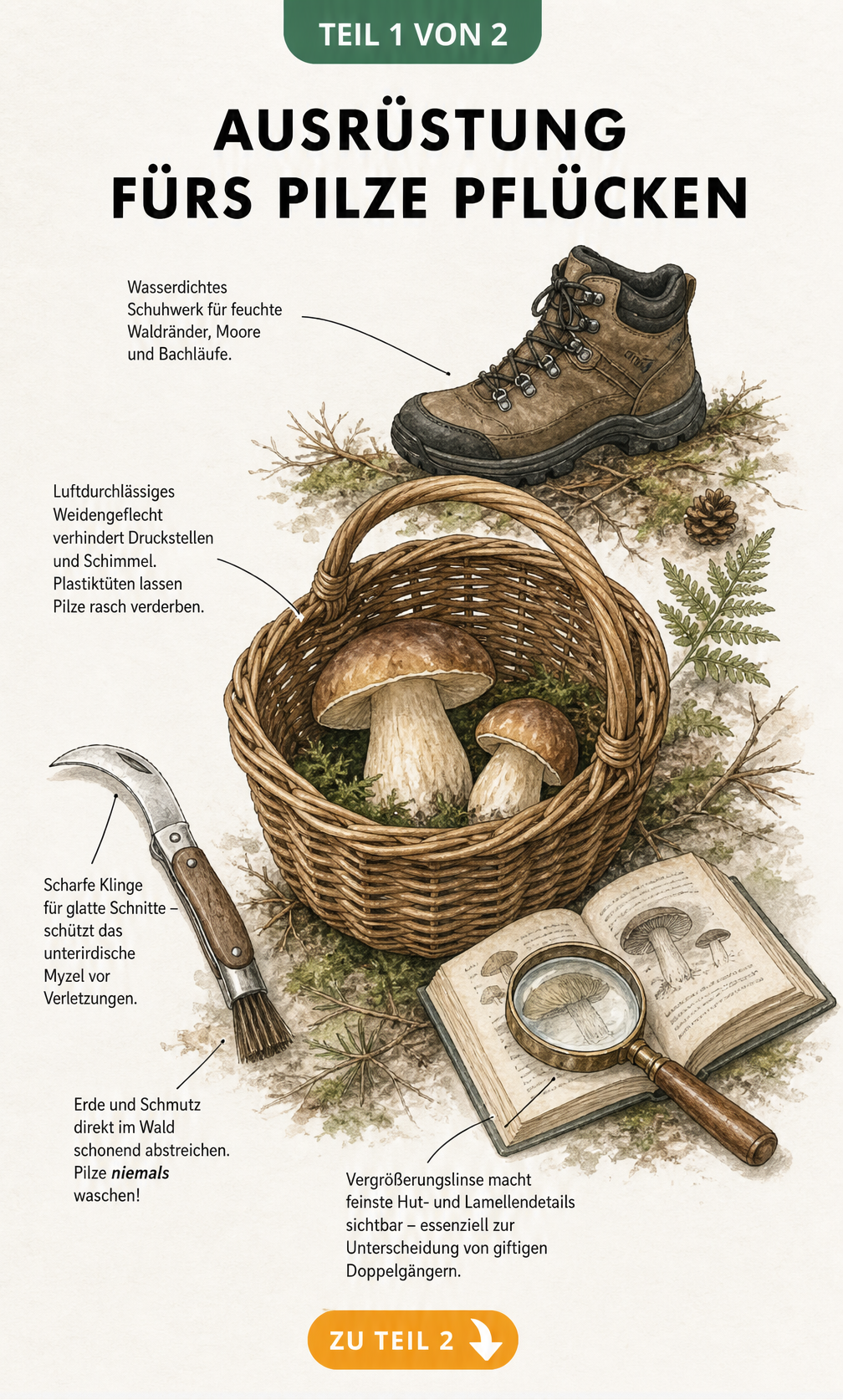 Illustration eines Weidenkorbs mit Pilzmesser, Pinsel, Lupe und Wanderschuh für die Pilzsuche