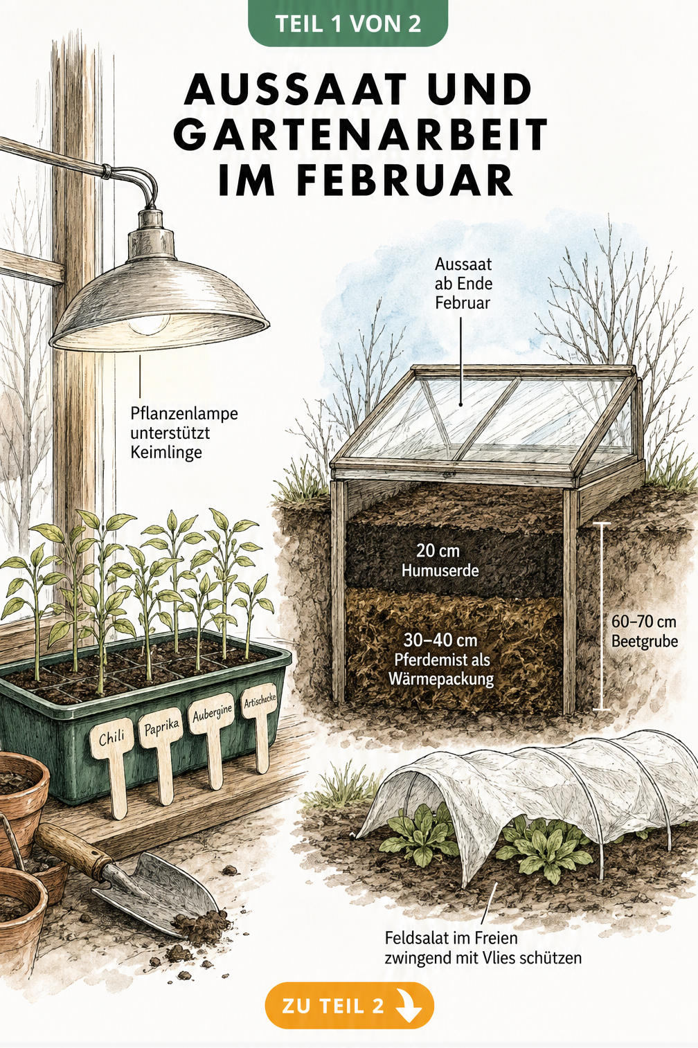 Querschnitt-Illustration eines Frühbeets mit Pferdemist und Humuserde sowie einer Anzuchtschale unter einer Pflanzenlampe am Fenster