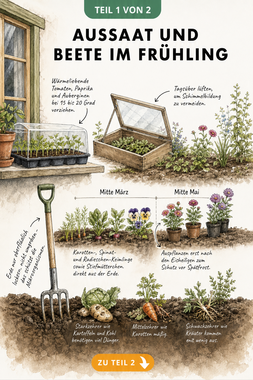 Illustration eines Querschnitts von der Fensterbank mit Anzuchtschalen bis zum Gartenbeet mit Frühbeet und Pflanzen