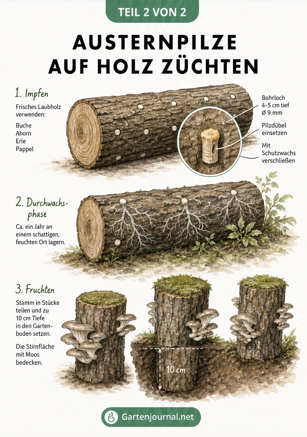 Illustration eines Laubholzstammes, der mit Pilzdübeln beimpft ist und aus dem Austernpilze wachsen.