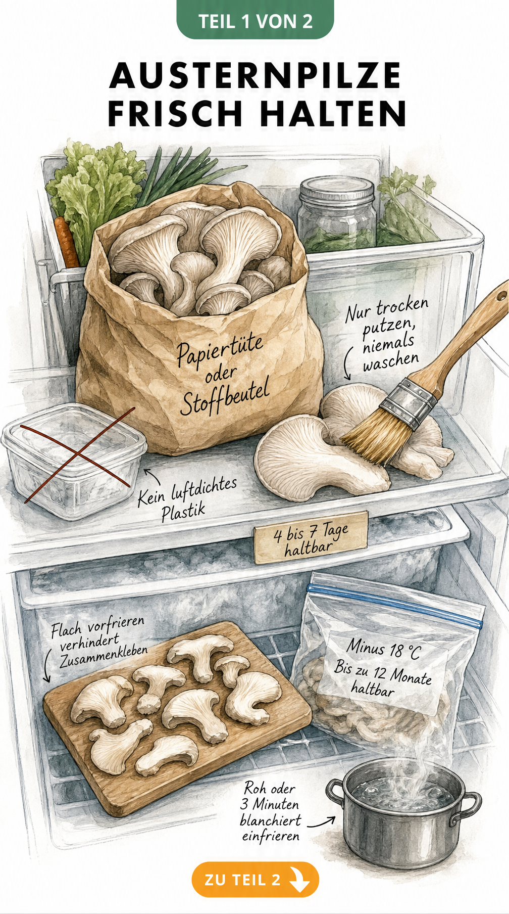 Illustration zur Aufbewahrung von Austernpilzen im Kühlschrank und Tiefkühlfach