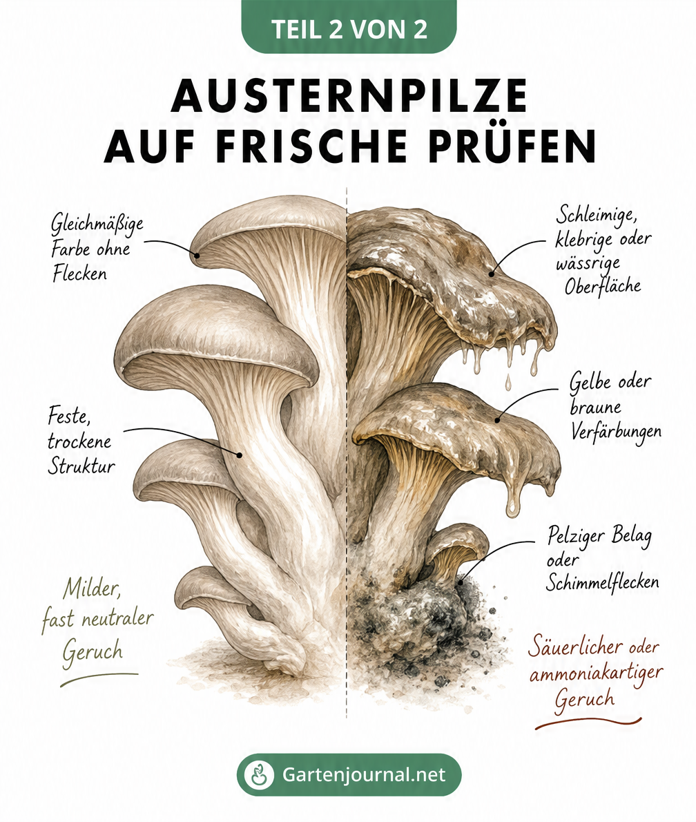 Botanische Illustration einer Austernpilz-Staude, die frische und verdorbene Merkmale zeigt