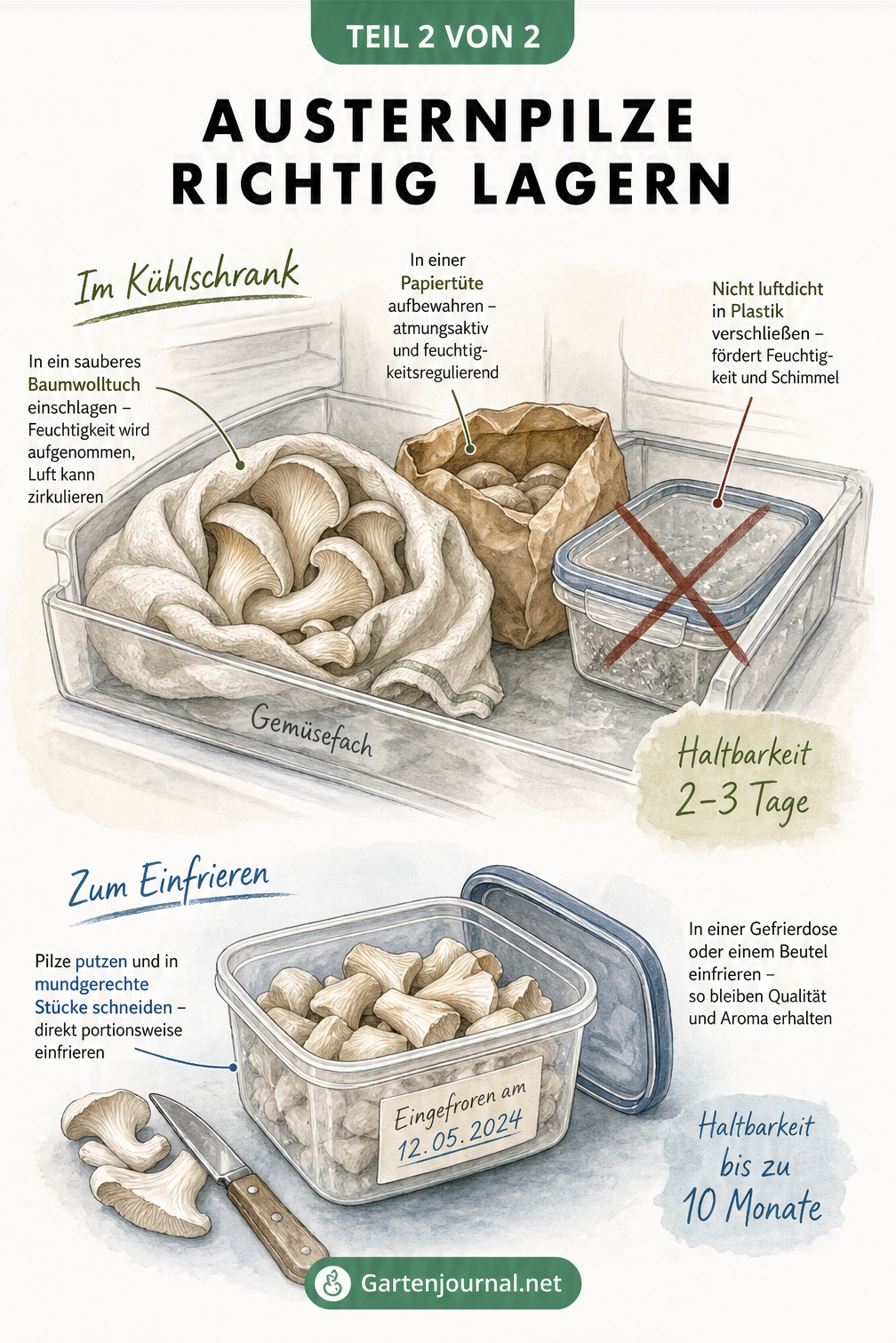 Illustration zur Lagerung von Austernpilzen im Kühlschrank in einem Baumwolltuch und eingefroren in einer Gefrierdose.