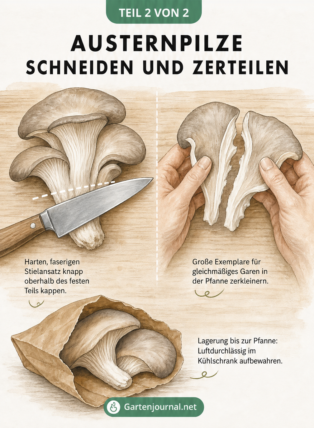 Illustration zum Schneiden und Zerteilen von Austernpilzen auf einem Holzbrett.